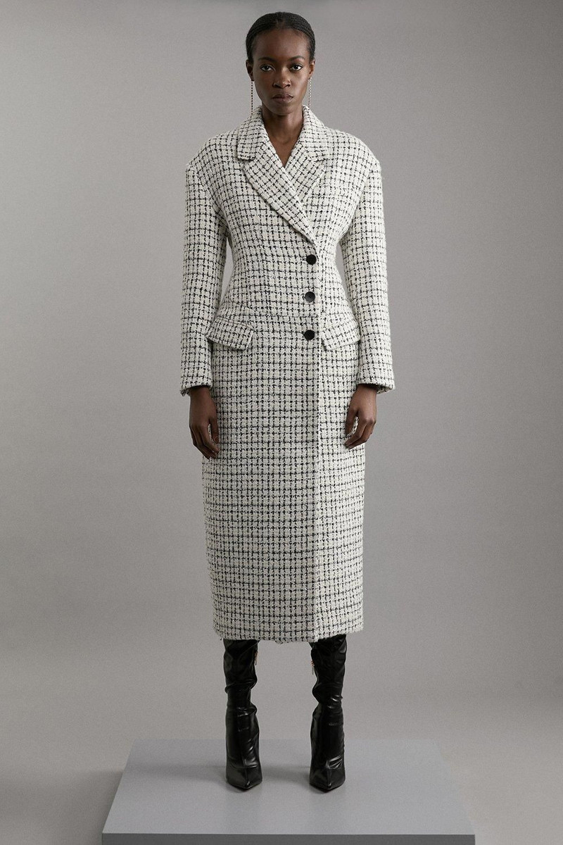Metallic Texture Check Darted Waist Midaxi Tailored Coat 1