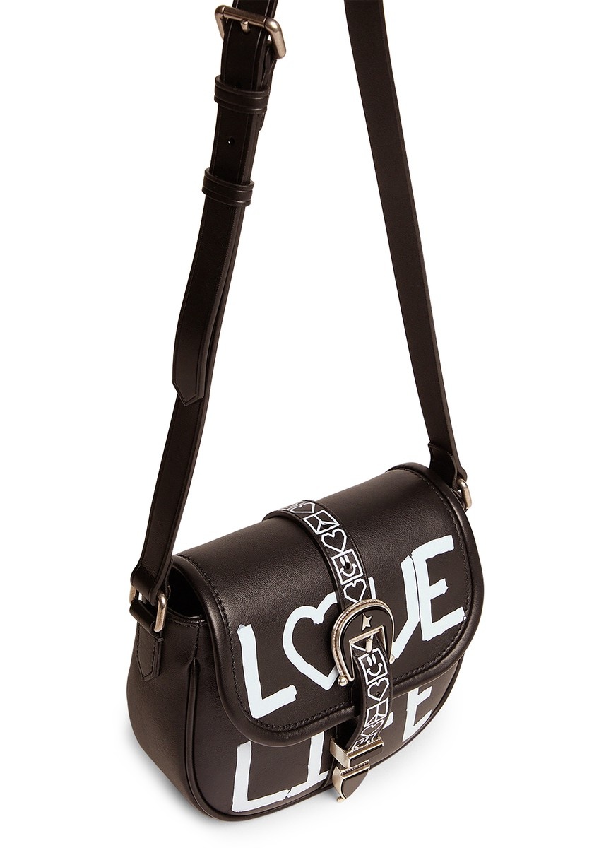 Medium Sally Bag in black leather with buckle and shoulder strap