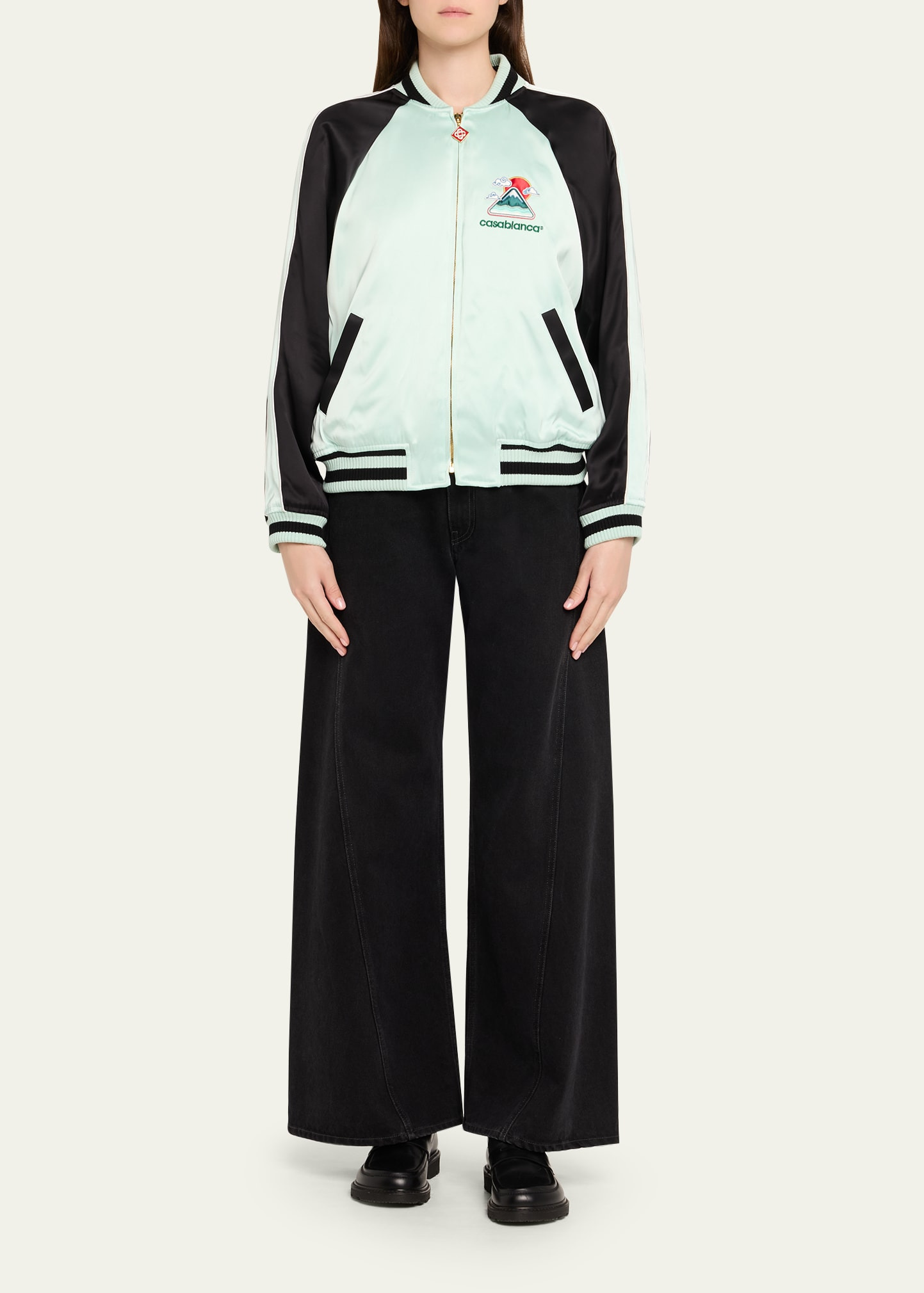 Embroidered Bicolor Satin Bomber Jacket - 2