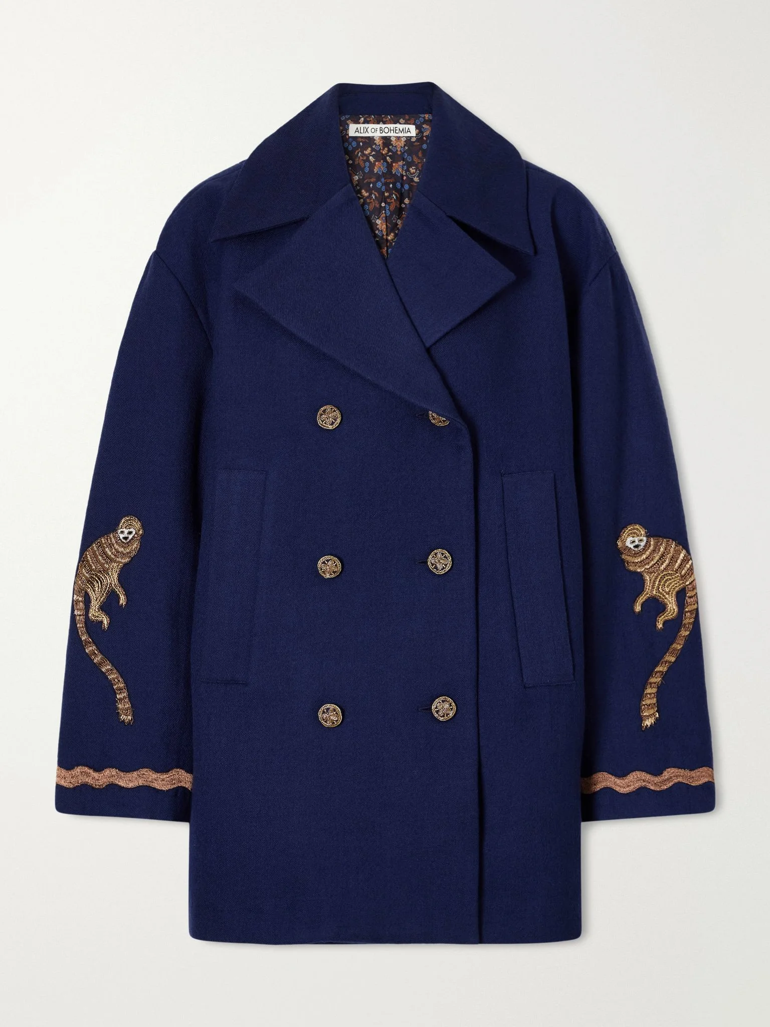 Rivoli bead-embellished embroidered double-breasted wool-twill coat Navy - 1