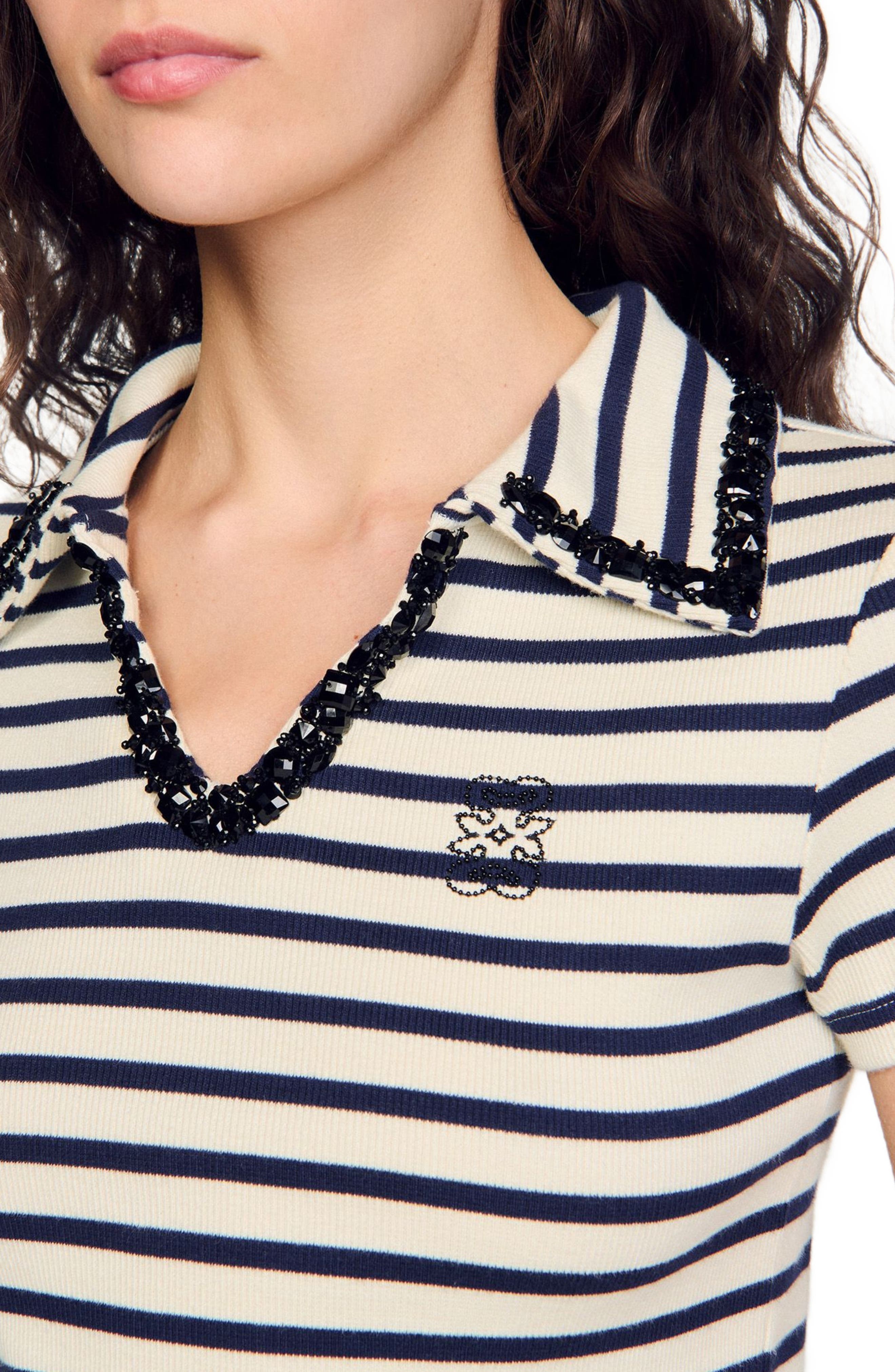 SANDRO Striped polo shirt in Ecru /Navy at Nordstrom - 4