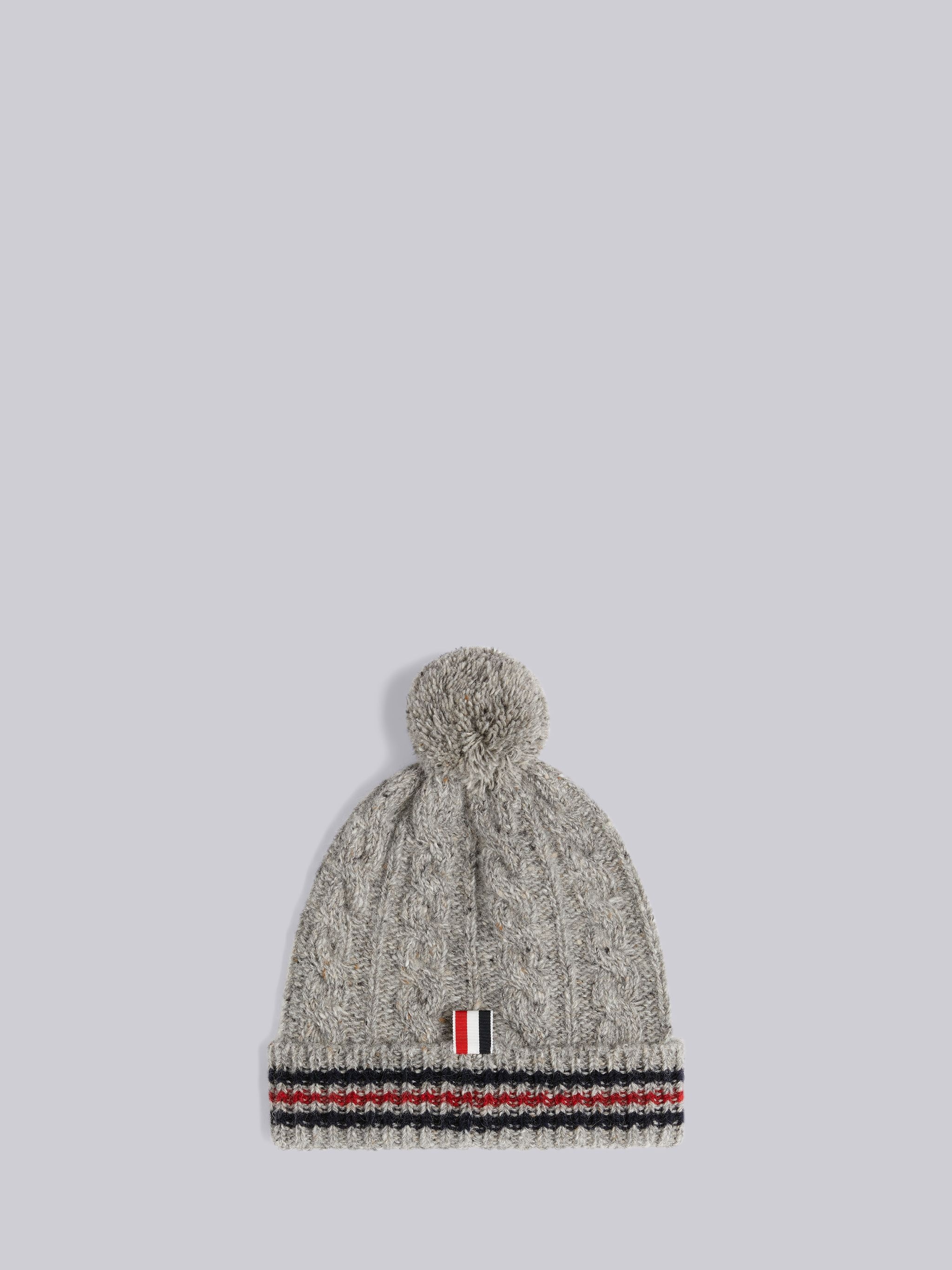 Light Grey Baby Cable Donegal Cricket Stripe Pom Pom Hat - 2
