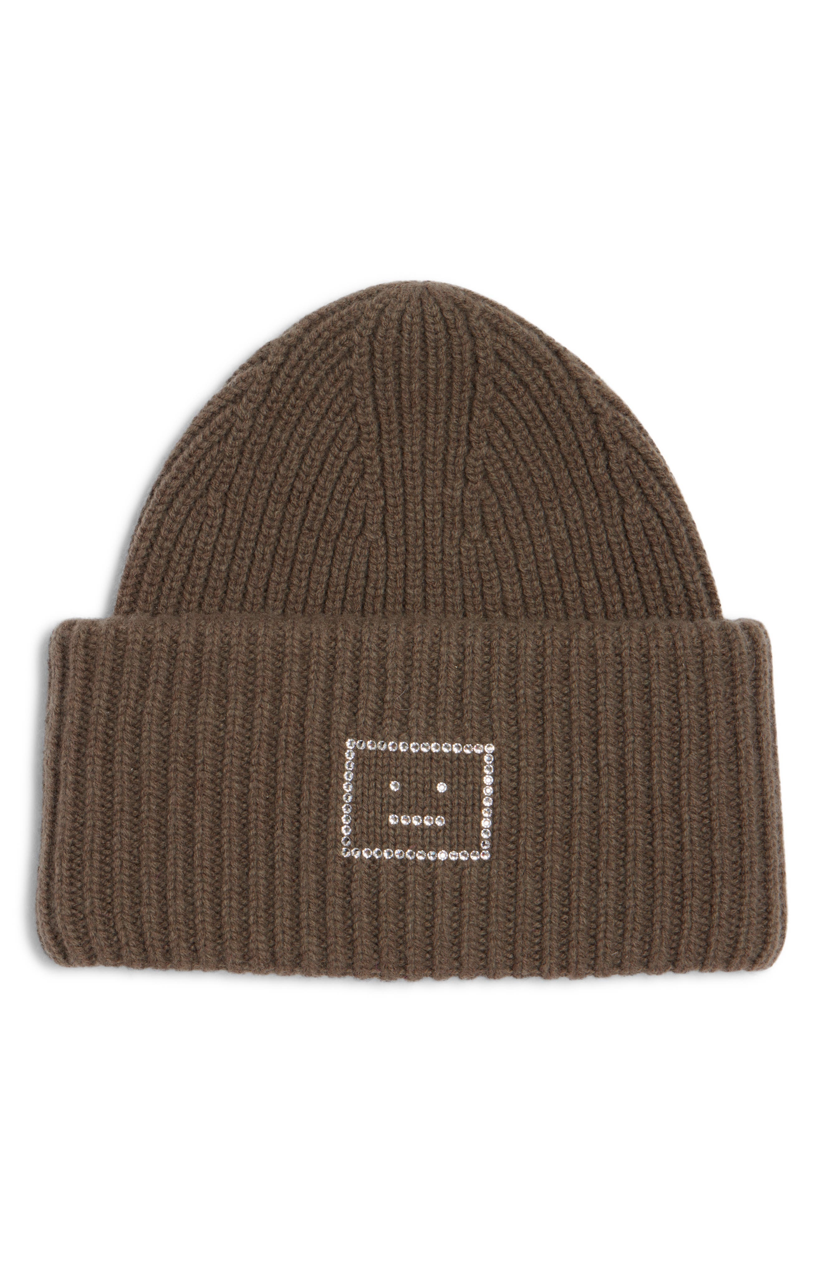 Acne Studios Pansy Crystal Face Wool Rib Beanie in Khaki Green at Nordstrom - 1