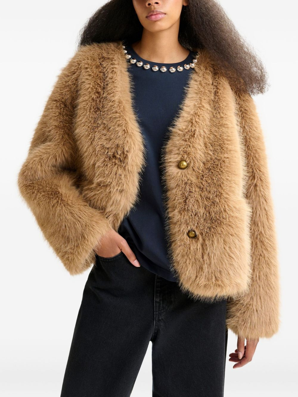 faux-fur button jacket - 3