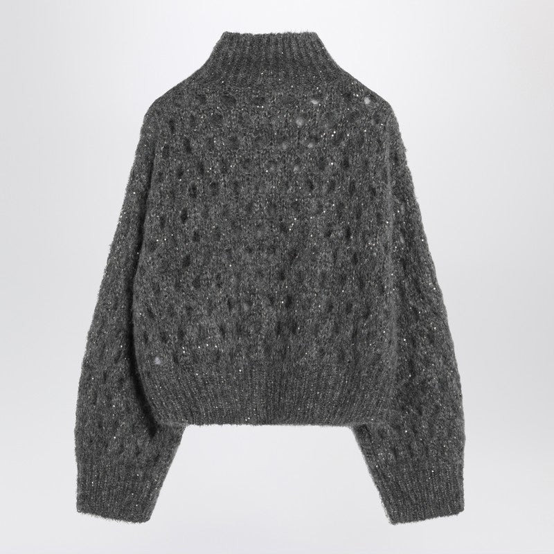 Brunello Cucinelli Grey Openwork Turtleneck Sweater Women - 2