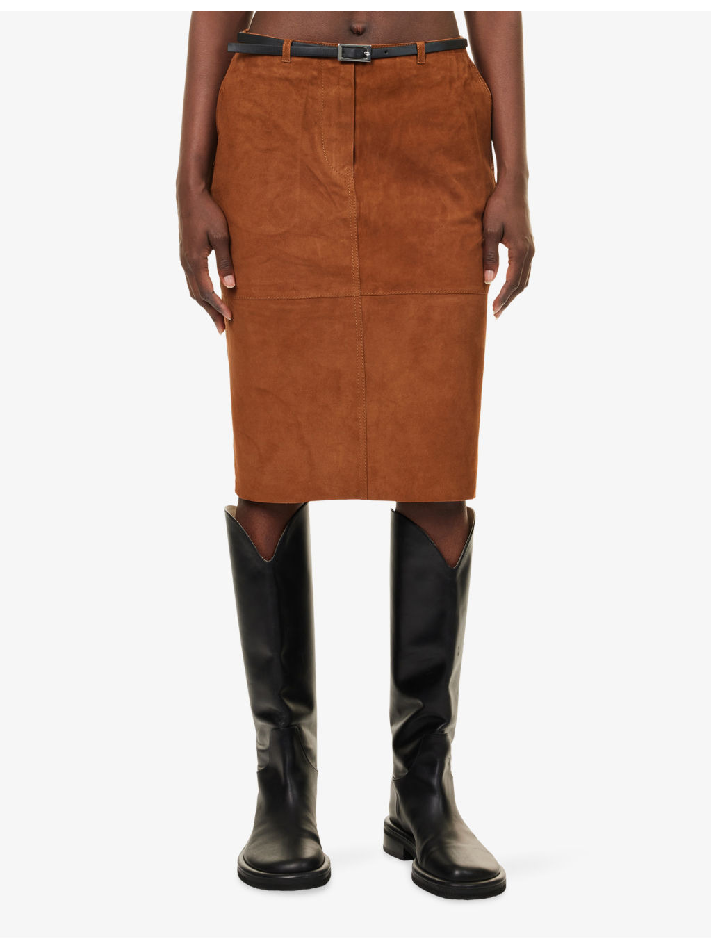 Savana Belted Leather-Suede Midi Skirt - 3