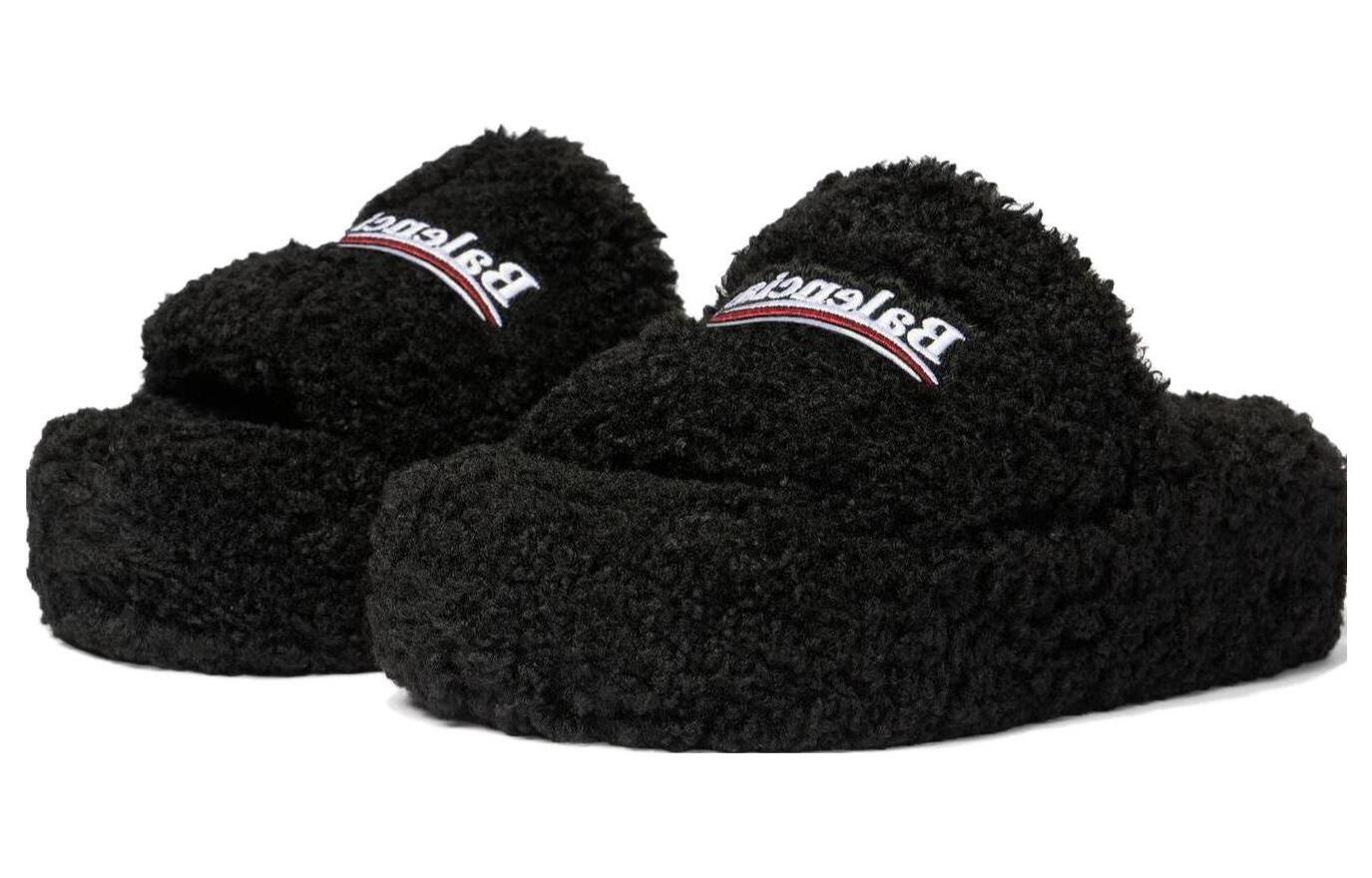 (WMNS) Balenciaga Furry Platform Sandals 'Black Fake Shearling White and Red Political Campaign Embr - 3