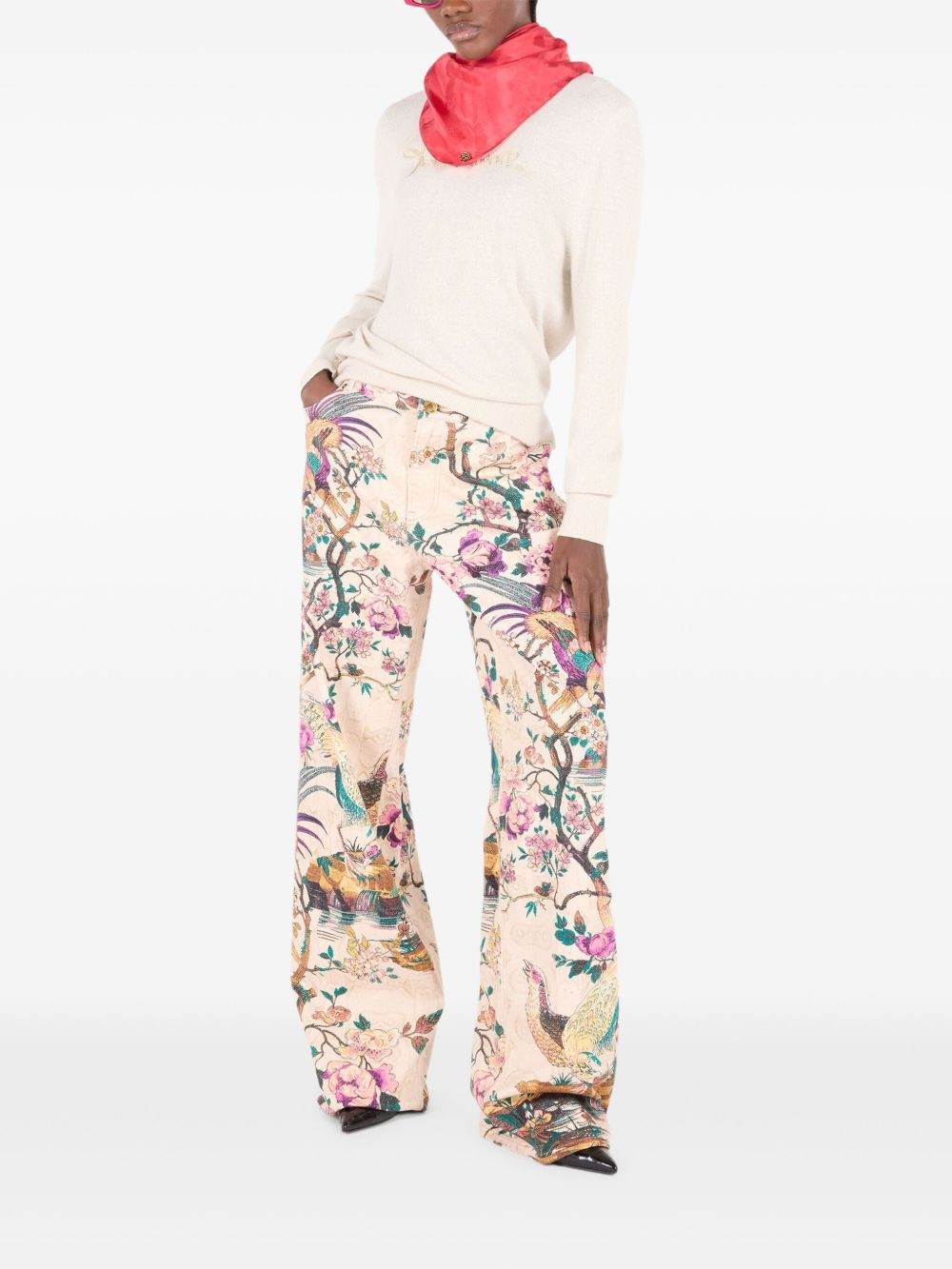 floral-bird print jeans - 2