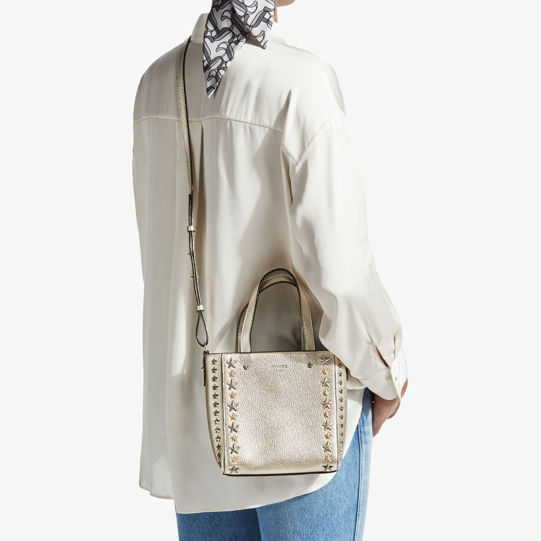 Mini Pegasi
Light Gold Metallic Soft Calf Mini Tote Bag with Stars - 3