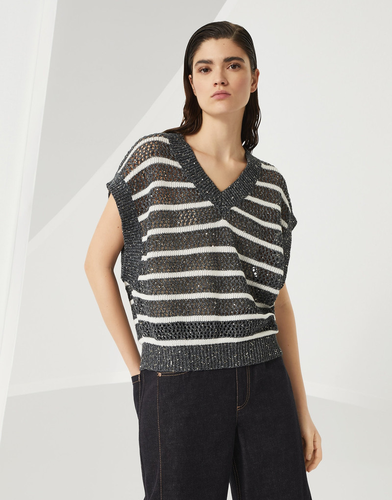 Dazzling striped net knit t-shirt in linen 1