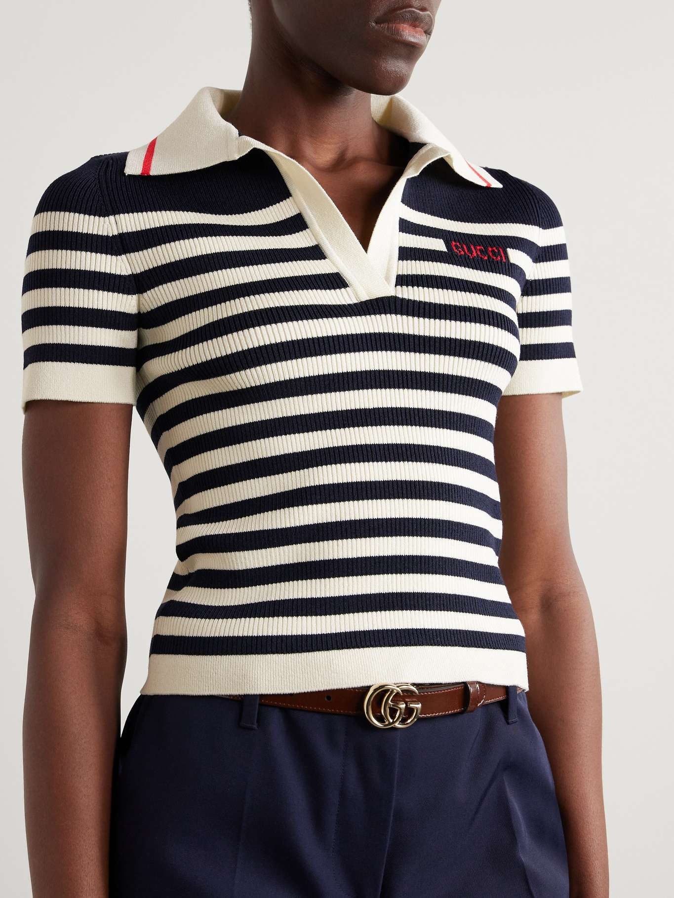 Striped ribbed cotton-blend polo top - 3