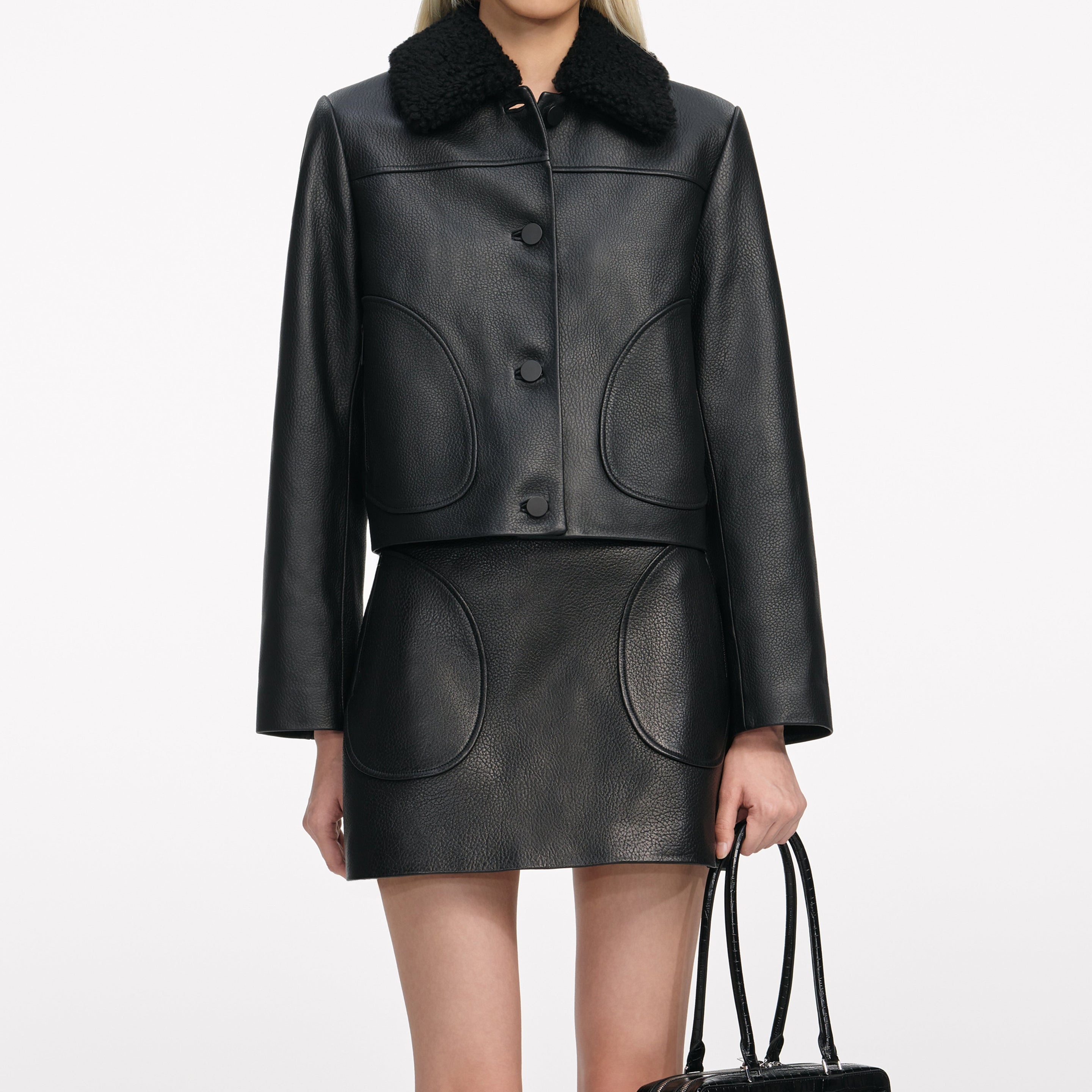 Black Cropped Leather Jacket - 4