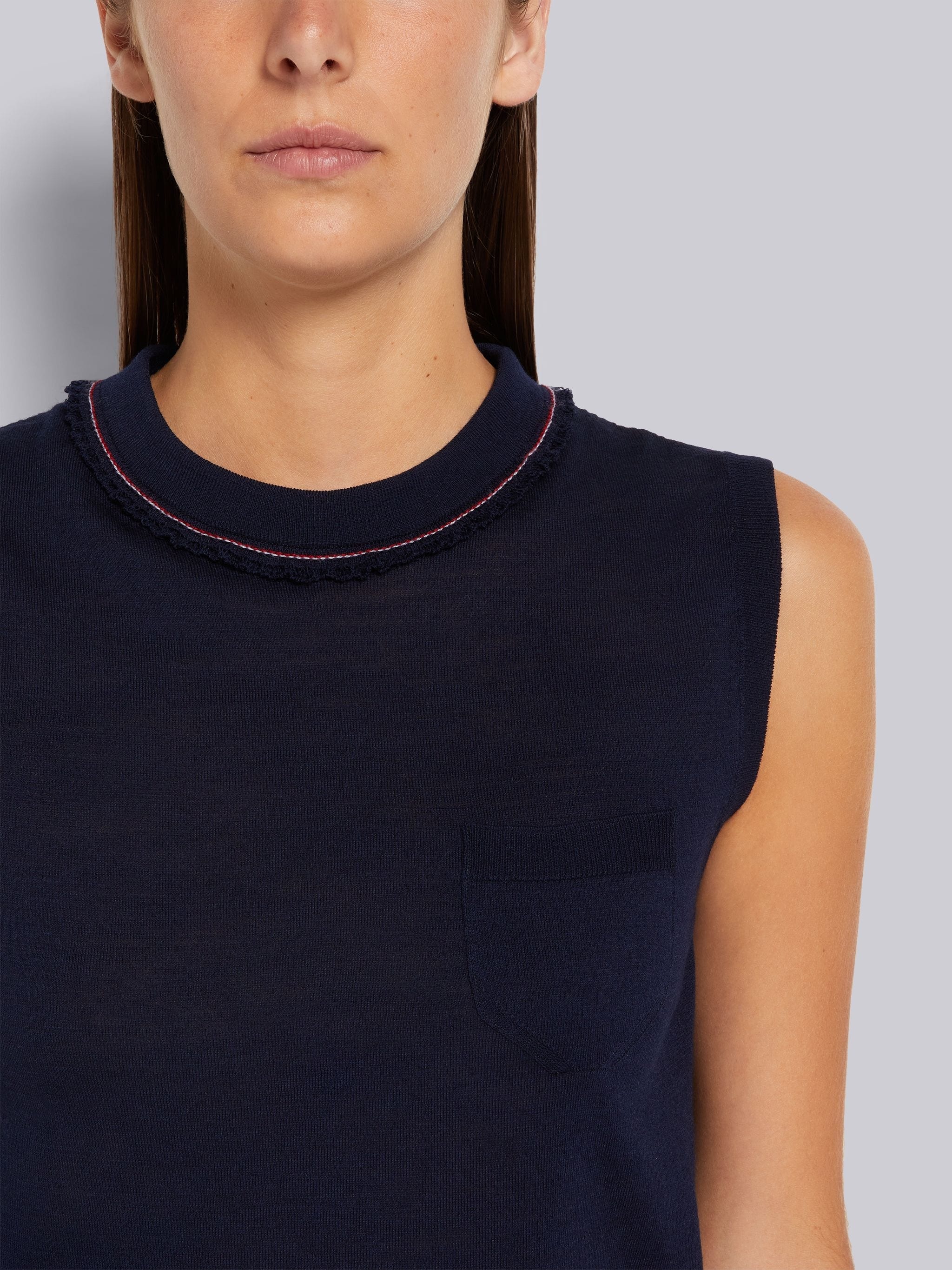 Navy Lightweight Wool Crepe Stripe Ruffle Trim Chest Pocket Shell Top - 5