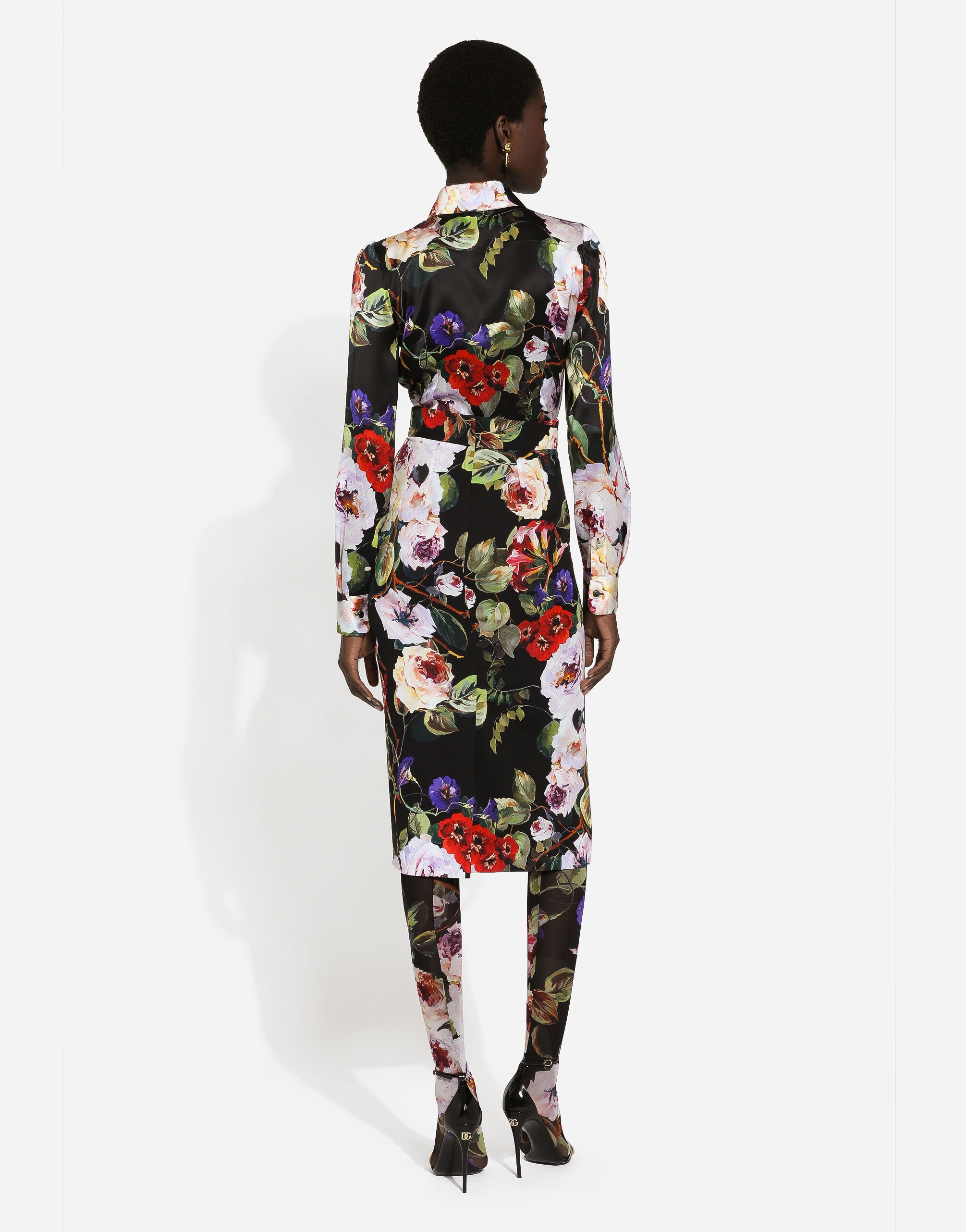Charmeuse calf-length skirt with rose garden print - 3