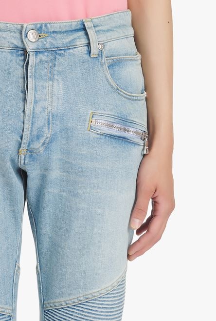 Slim cut faded and ridged light blue eco-designed denim cotton jeans with Balmain monogram on hem - 6