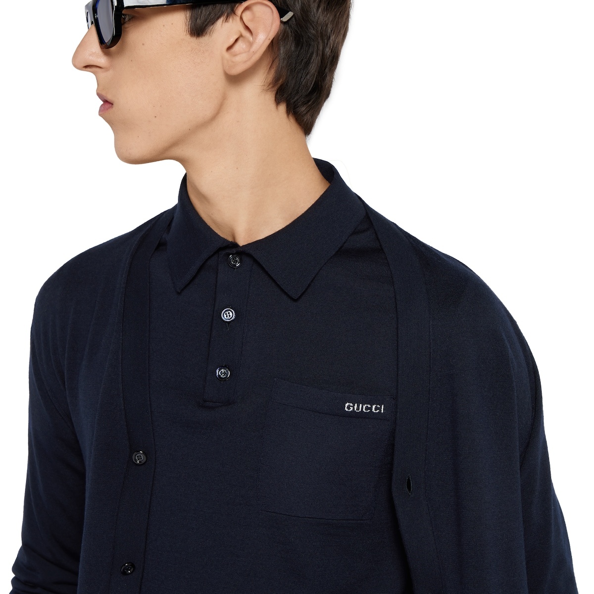 Fine wool knit polo top with intarsia - 5