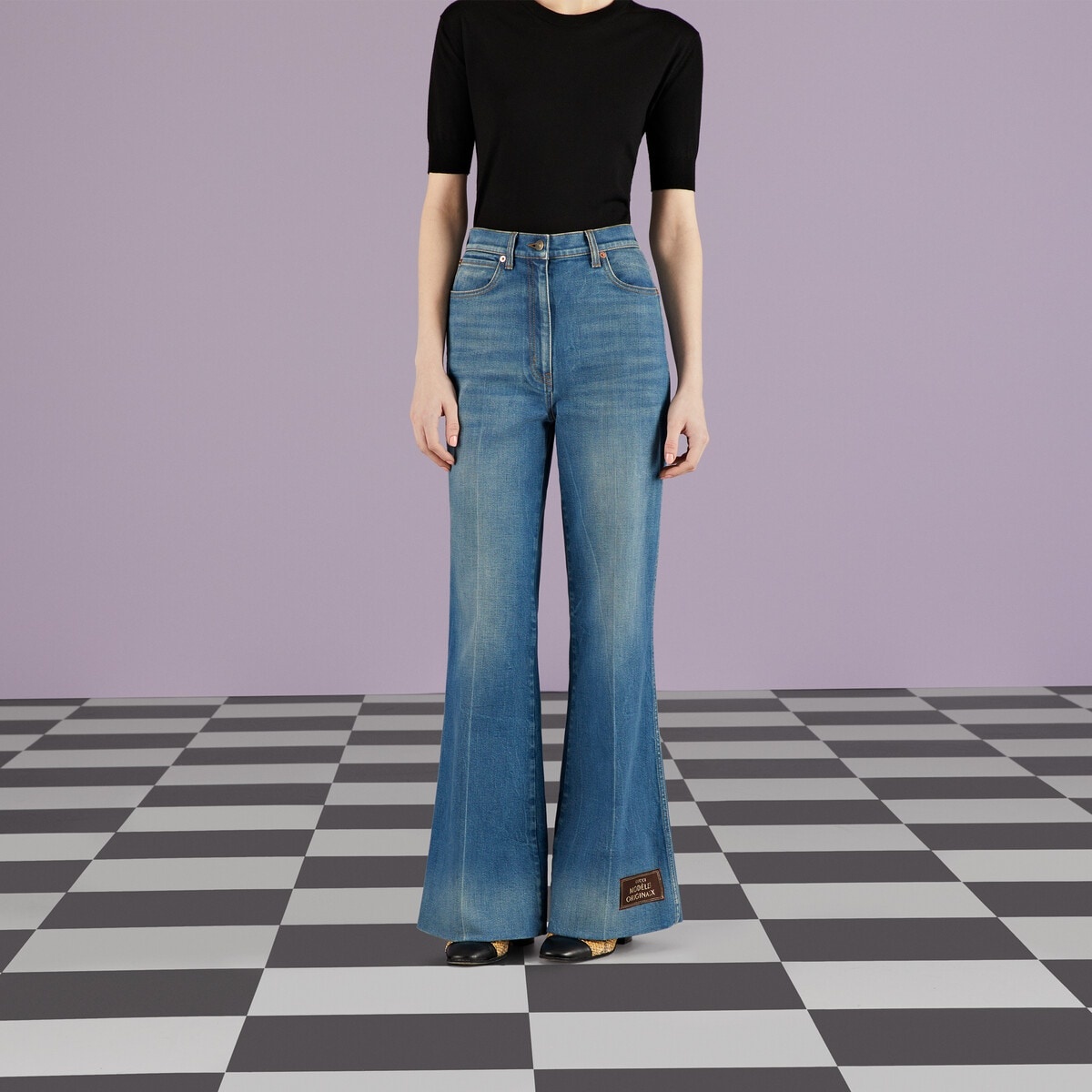 Denim flare pant with Gucci label - 6