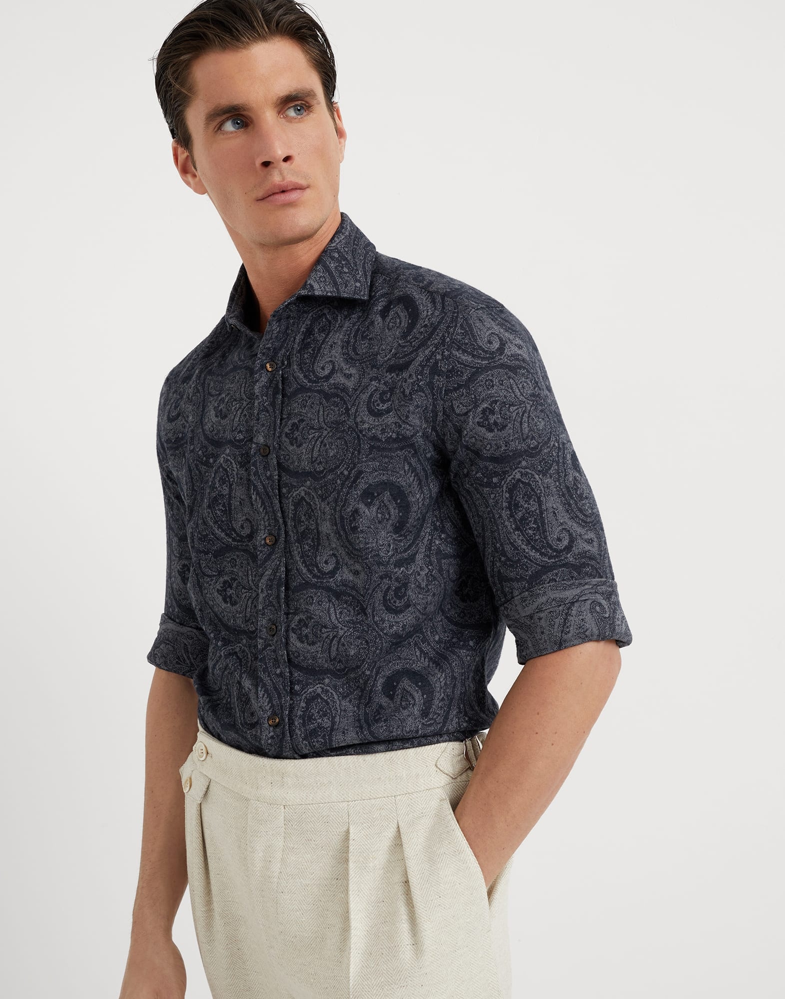 Paisley jacquard flannel easy fit shirt with spread collar - 4