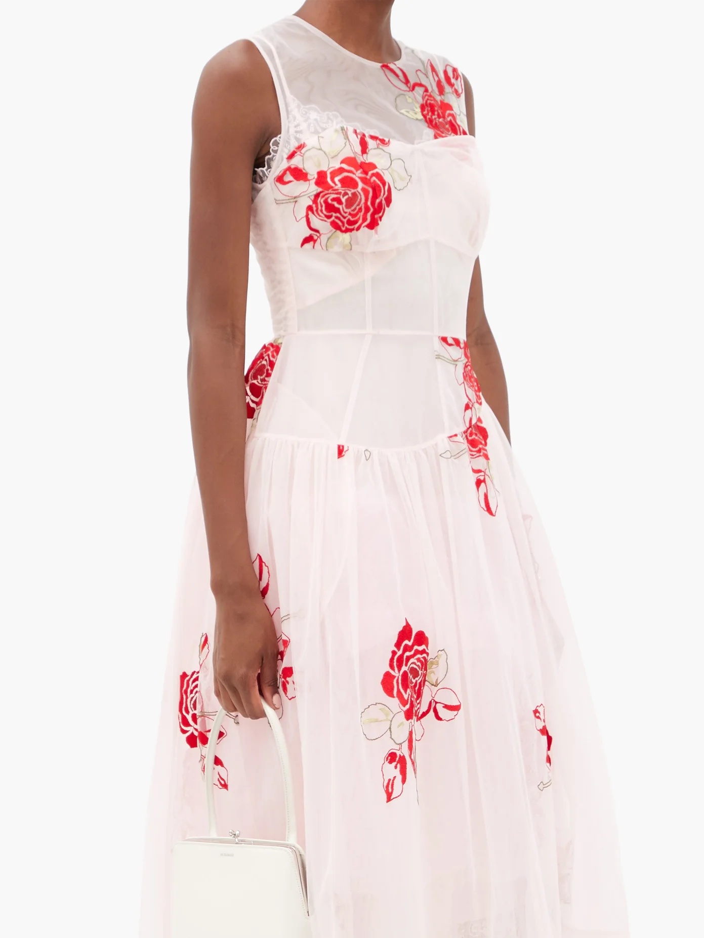 Asymmetric floral-embroidered tulle midi dress - 2