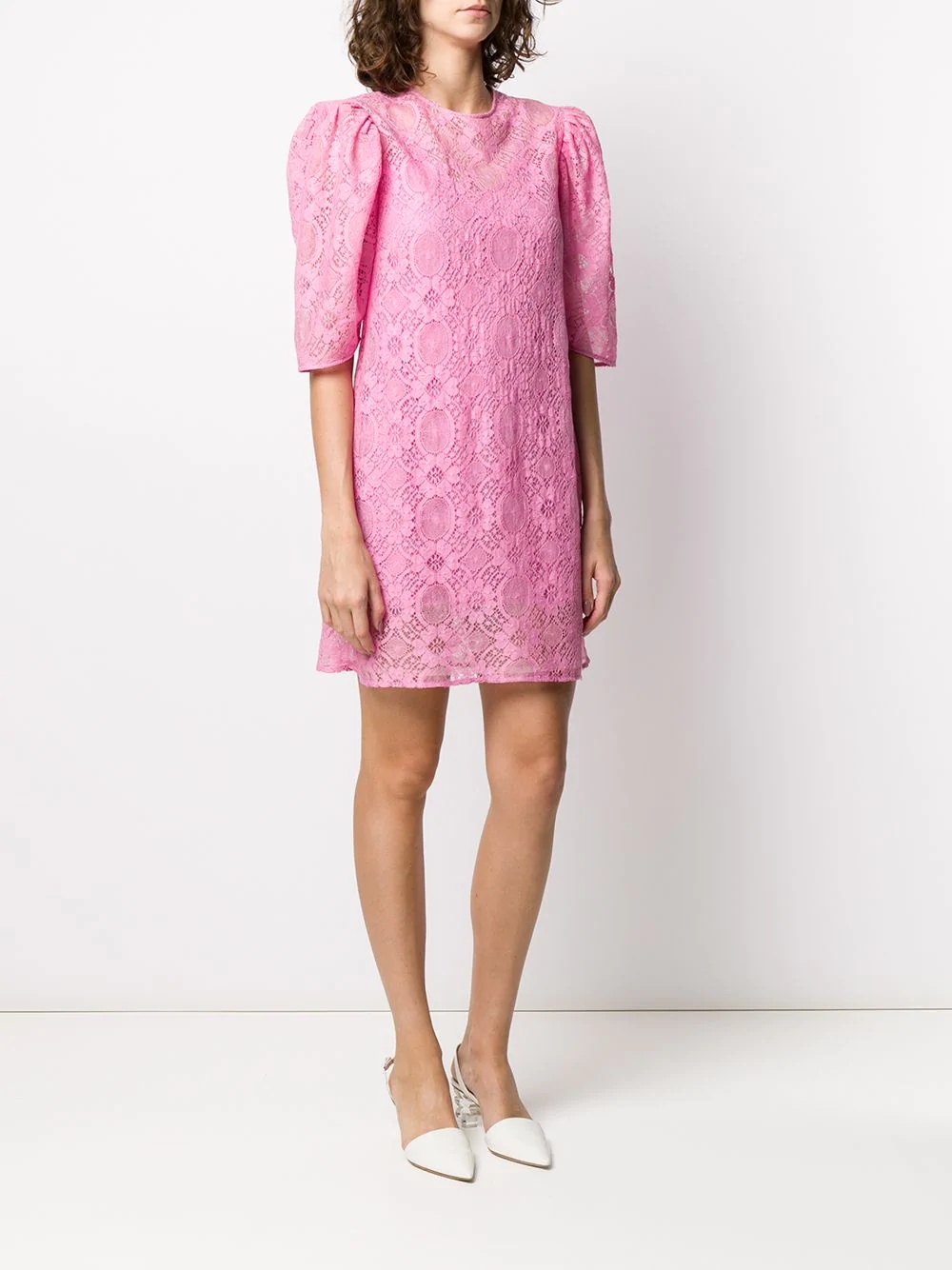 puff-sleeved floral lace shift dress - 3