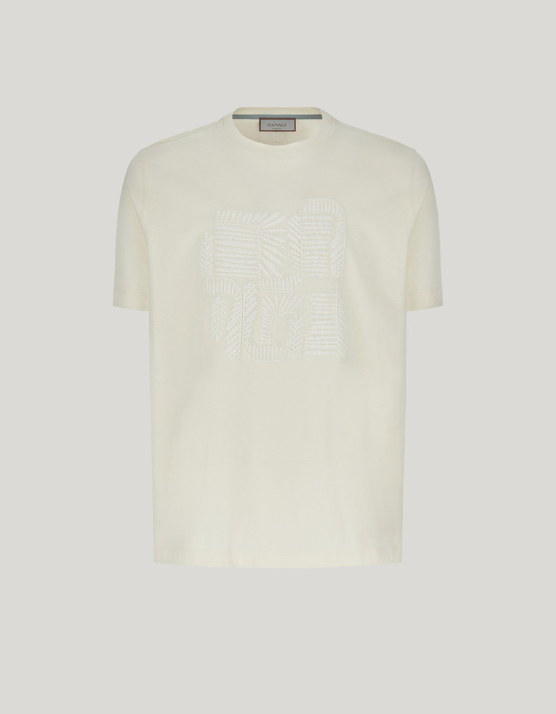 CREAM COTTON JERSEY T-SHIRT WITH RIBBED COLLAR AND GRAPHIC EMBROIDERY 1