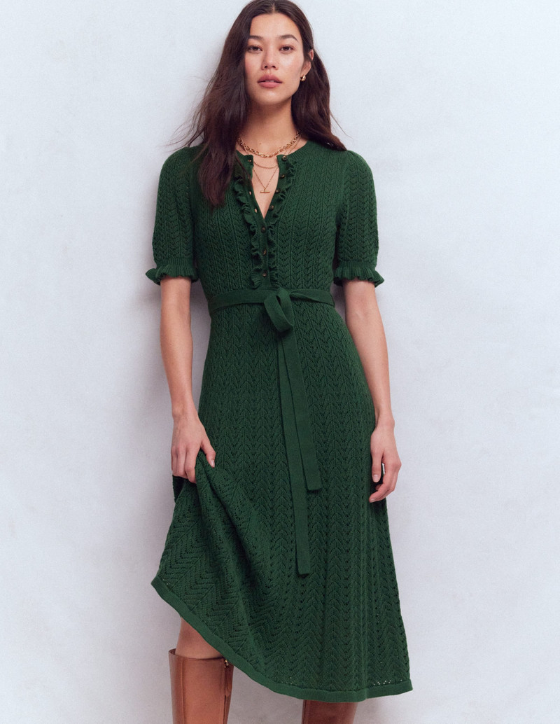 Henley Frill Knitted Dress-Hunter Green 3
