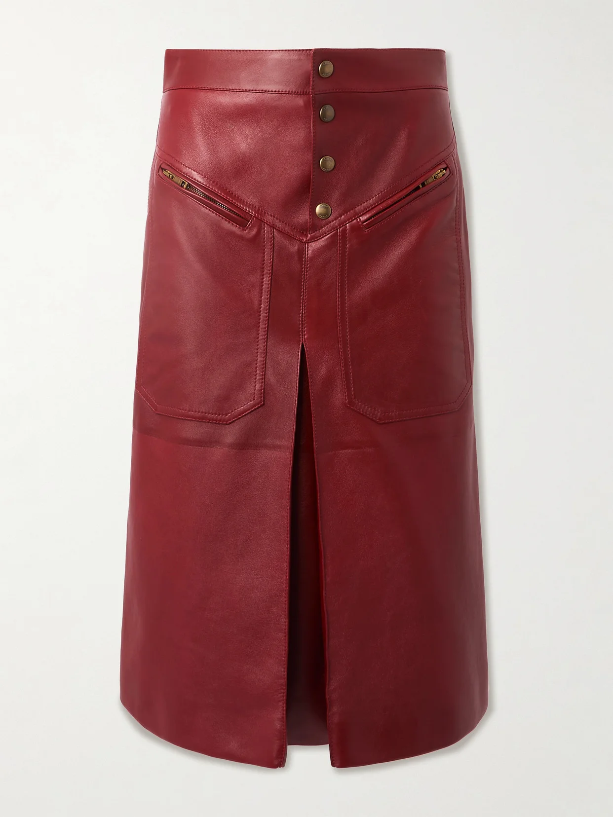 Pleated Paneled Leather Midi Skirt - 1