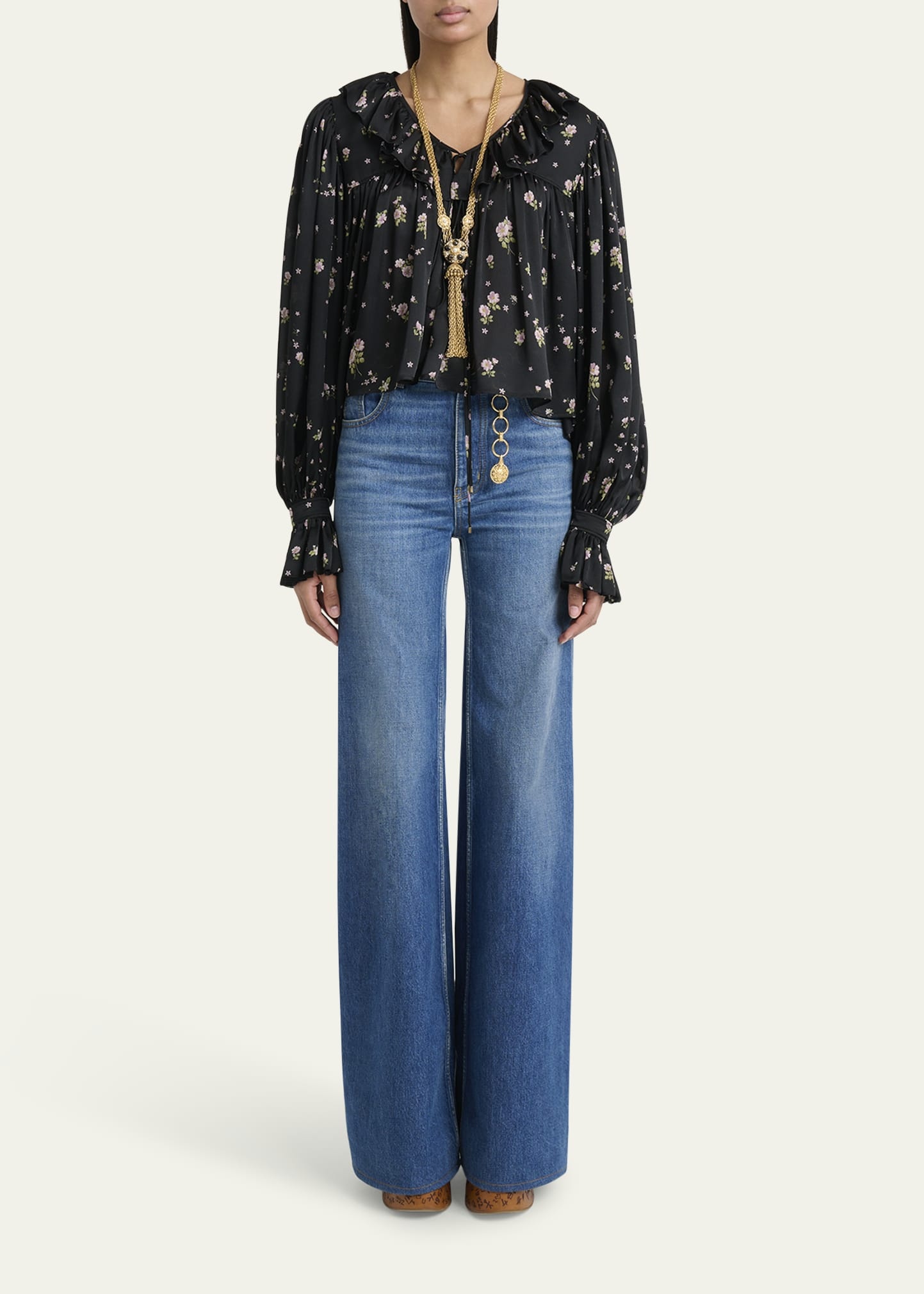 Floral Silk Ruffle Peasant Blouse - 2