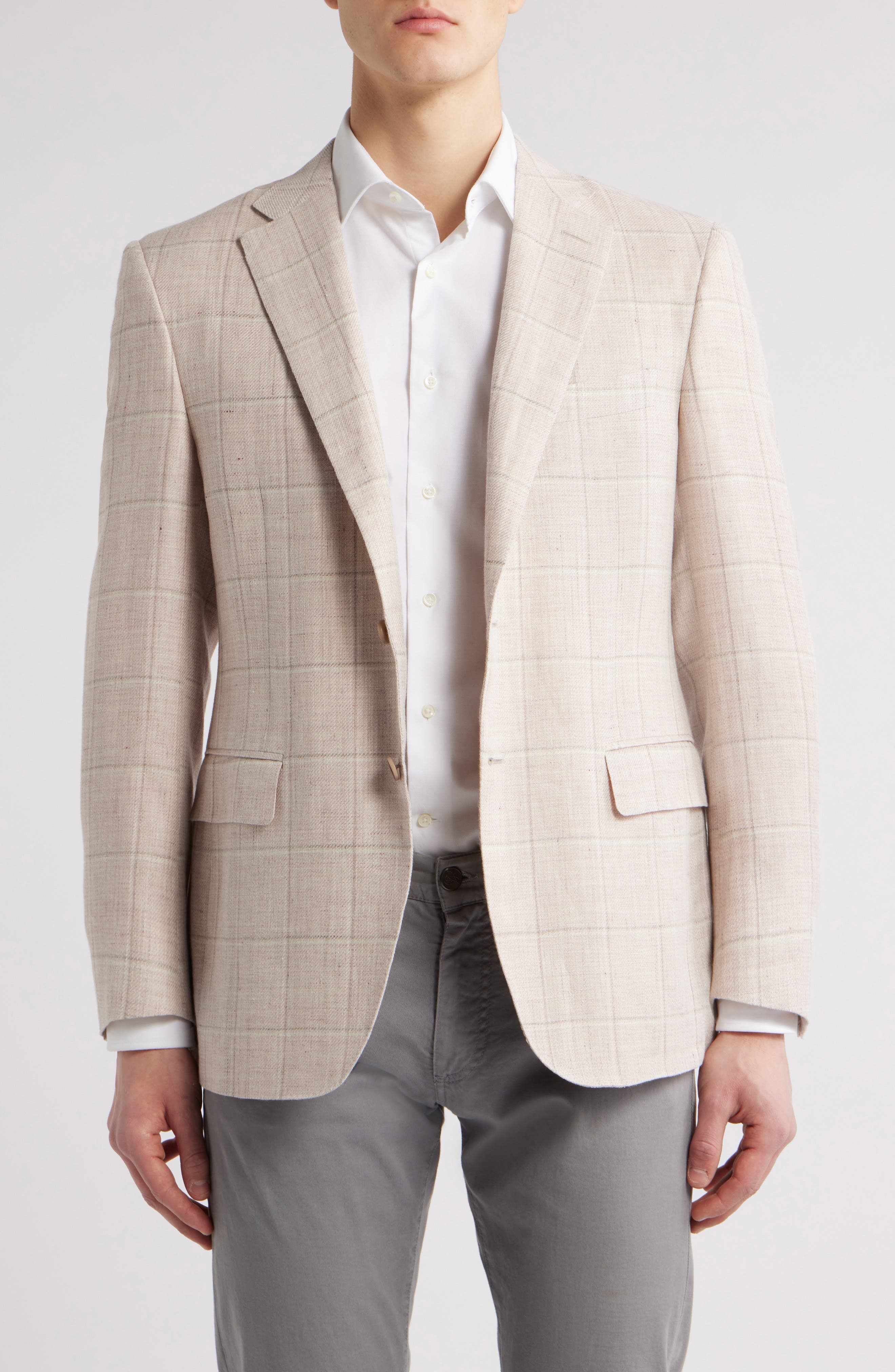 Canali Siena Regular Fit Windowpane Check Linen & Wool Twill Sport Coat in Pink at Nordstrom - 1