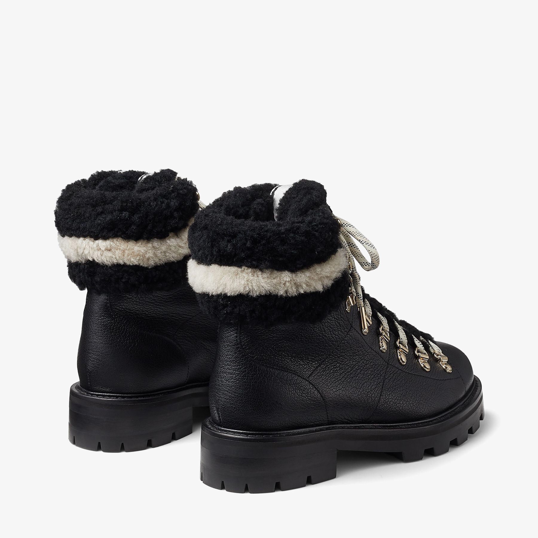 Eshe Flat
Black Grainy Leather Hiking Boots with Natural and Black Shearling Collar - 5