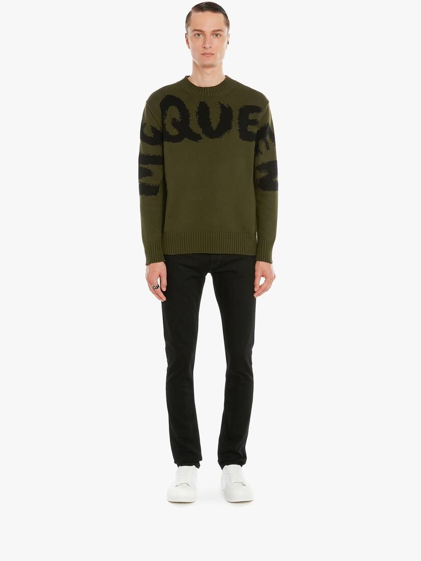 Mcqueen Graffiti Knit Jumper in Khaki - 2