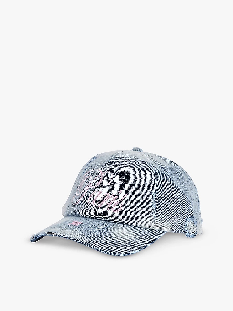 Paris rhinestone-text distressed denim cap - 1