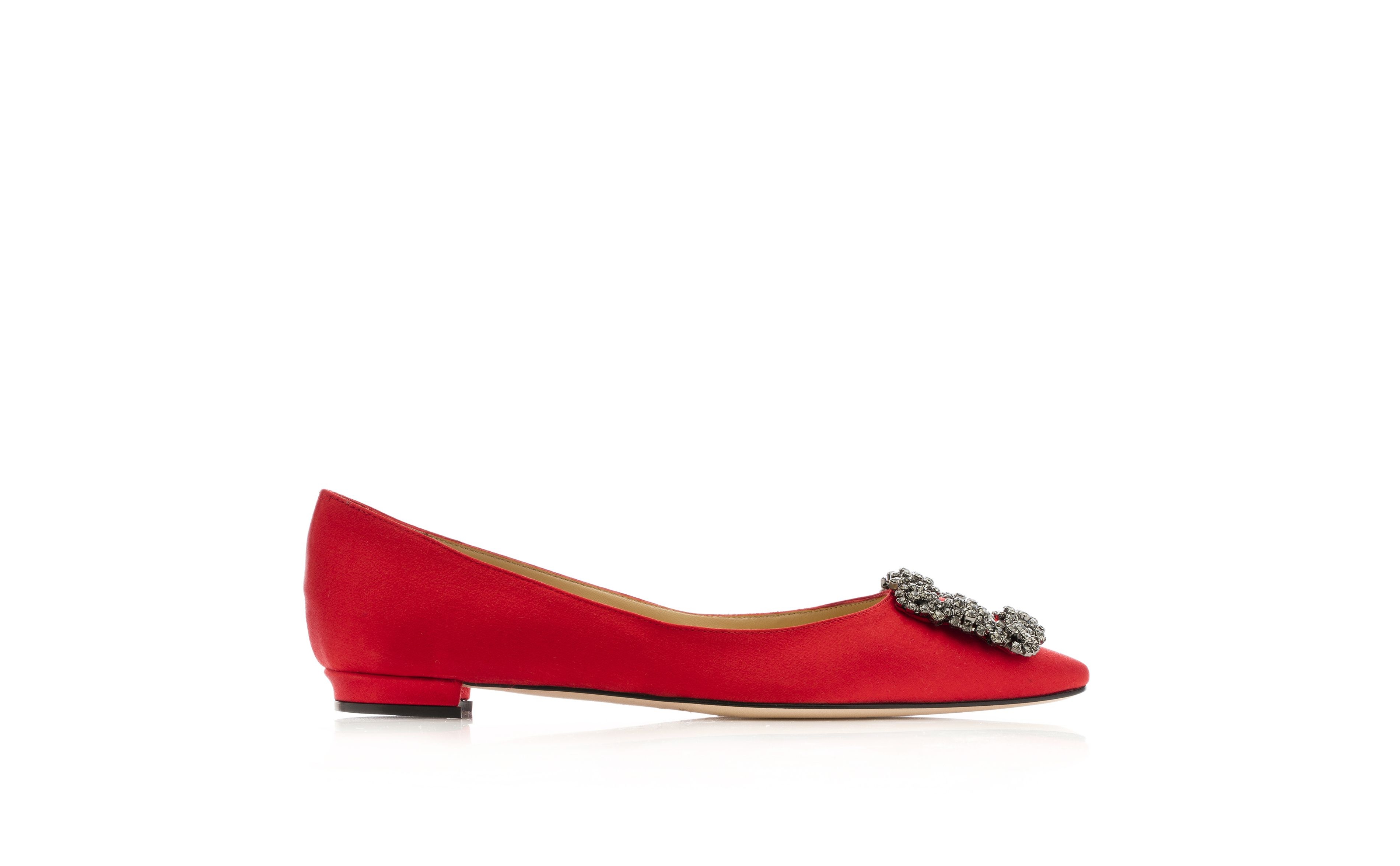 Red Satin Jewel Buckle Flat Shoes - 1