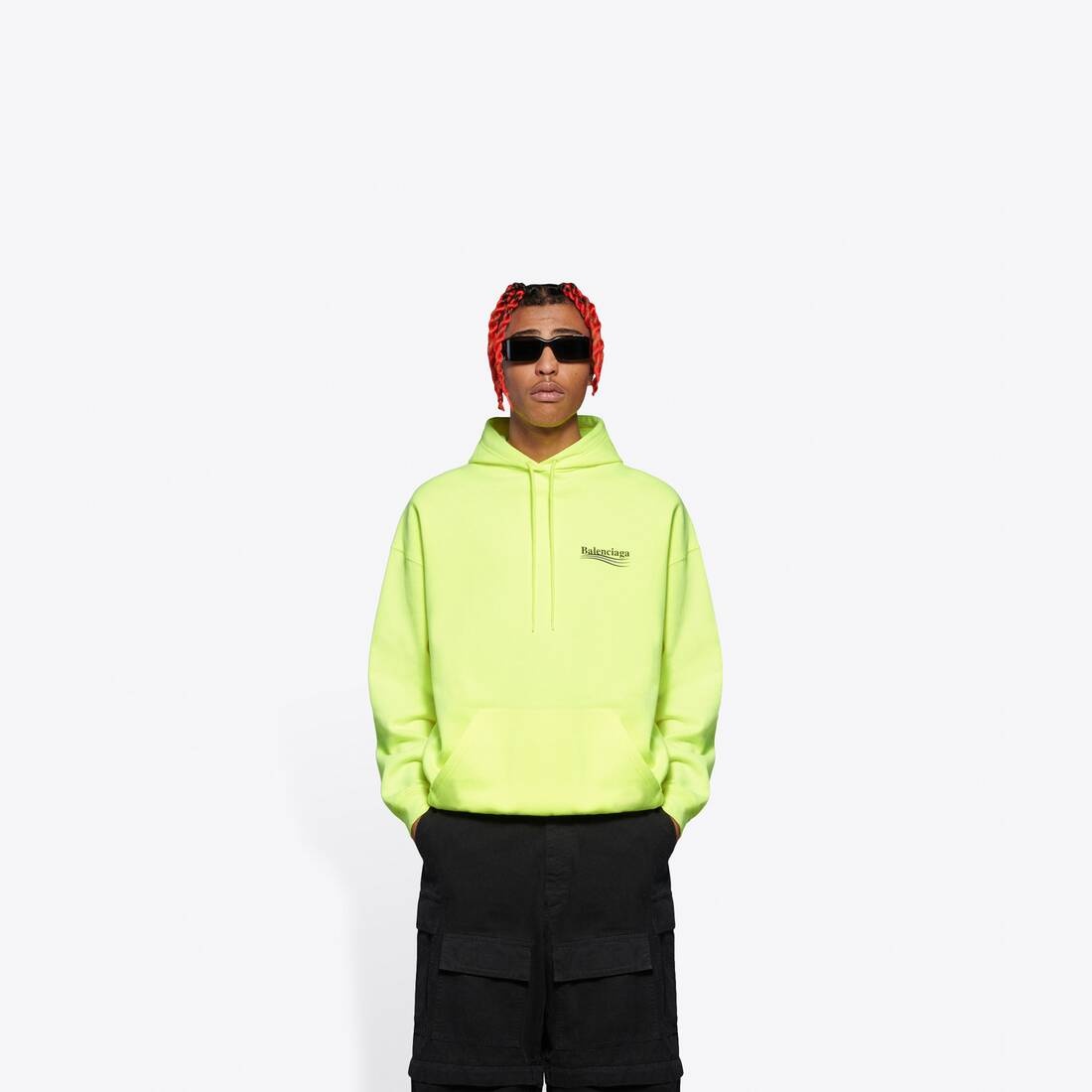 Men's Political Campaign Medium Fit Hoodie in Fluo Yellow/black - 3