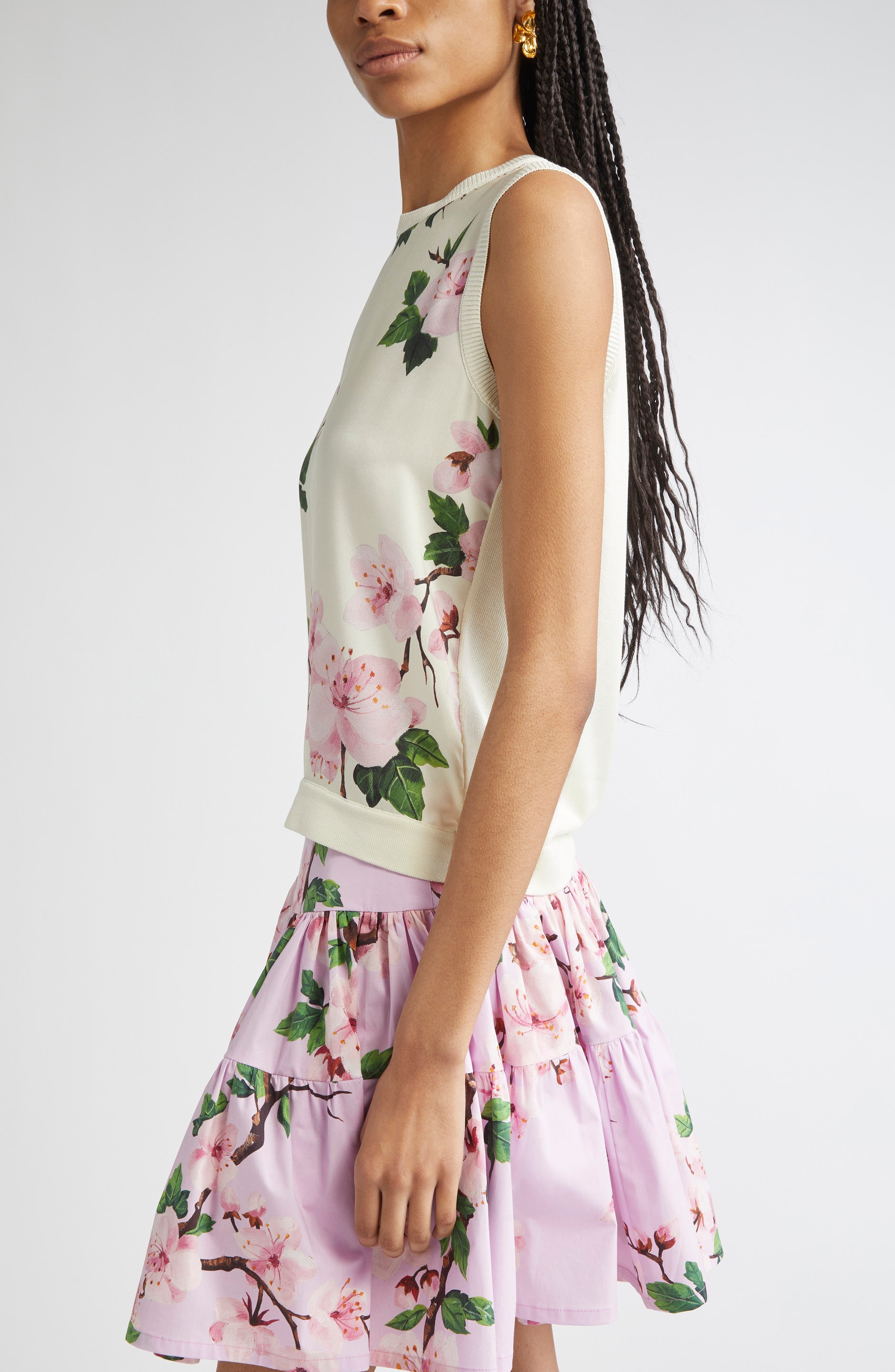 Oscar de la Renta Cherry Blossom Inset Sweater Tank in Pink/Ecru at Nordstrom - 4