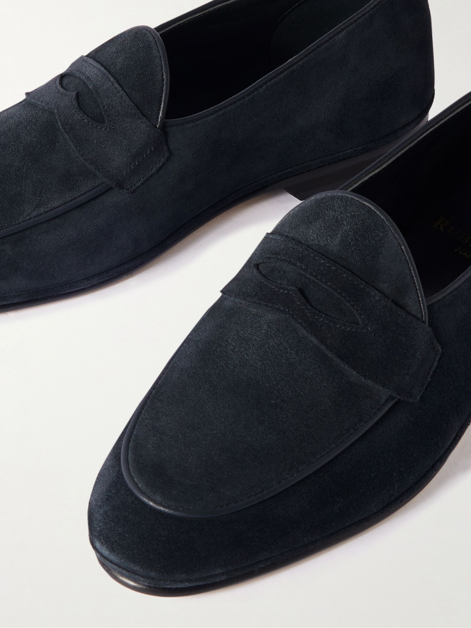 Leather-Trimmed Suede Penny Loafers Blue - 5