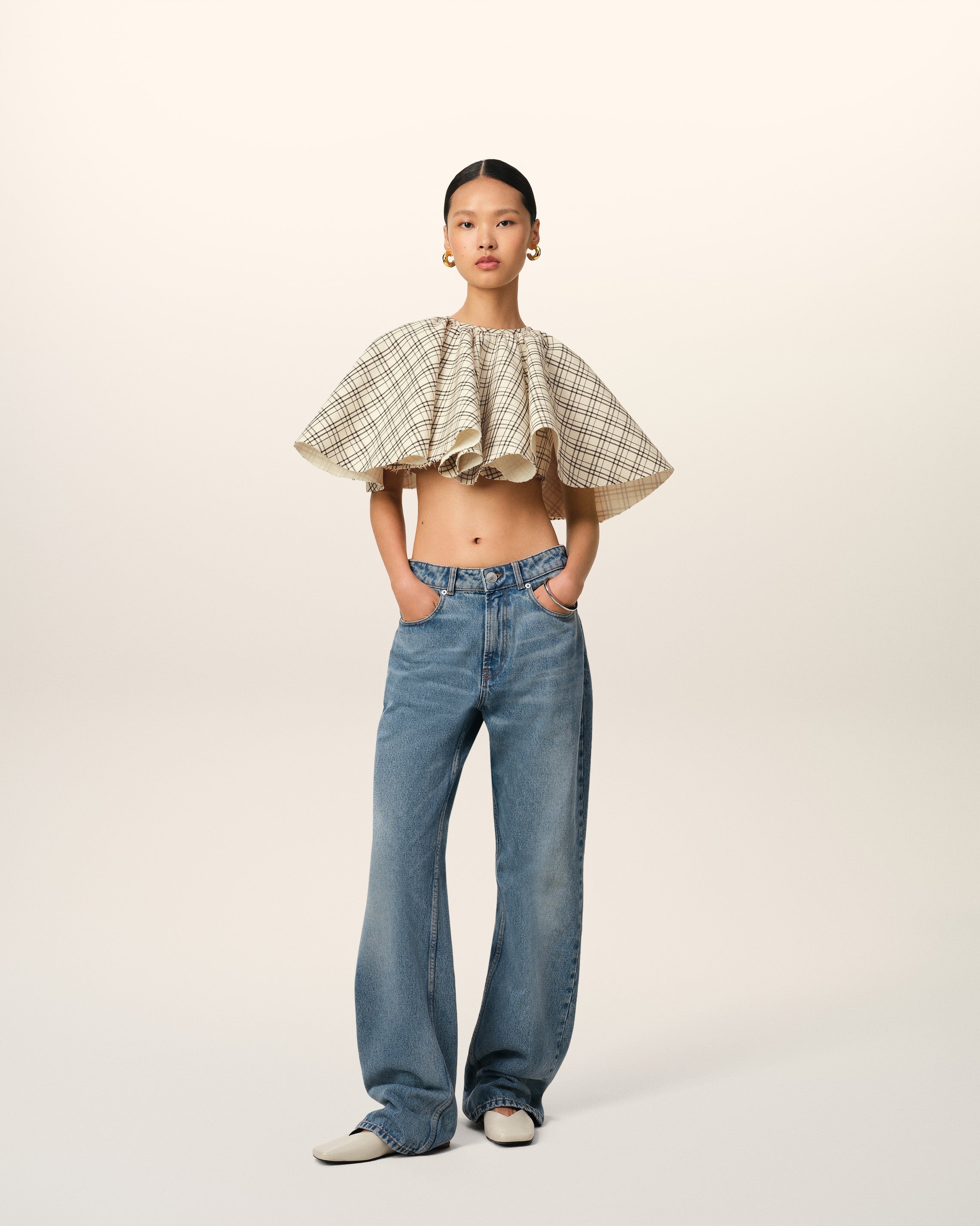 BEIGE CHECKED WOOL RUFFLED TOP - 2