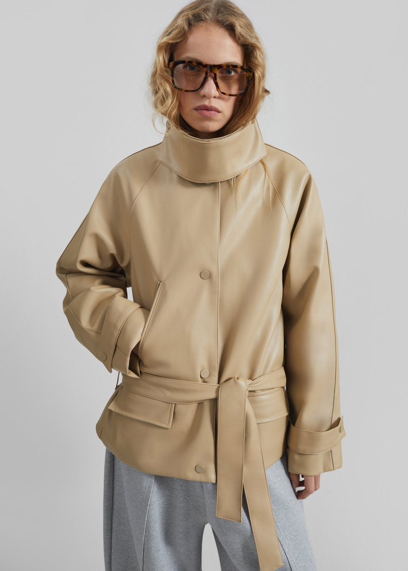 Viran Faux Leather Belted Jacket - Beige 3