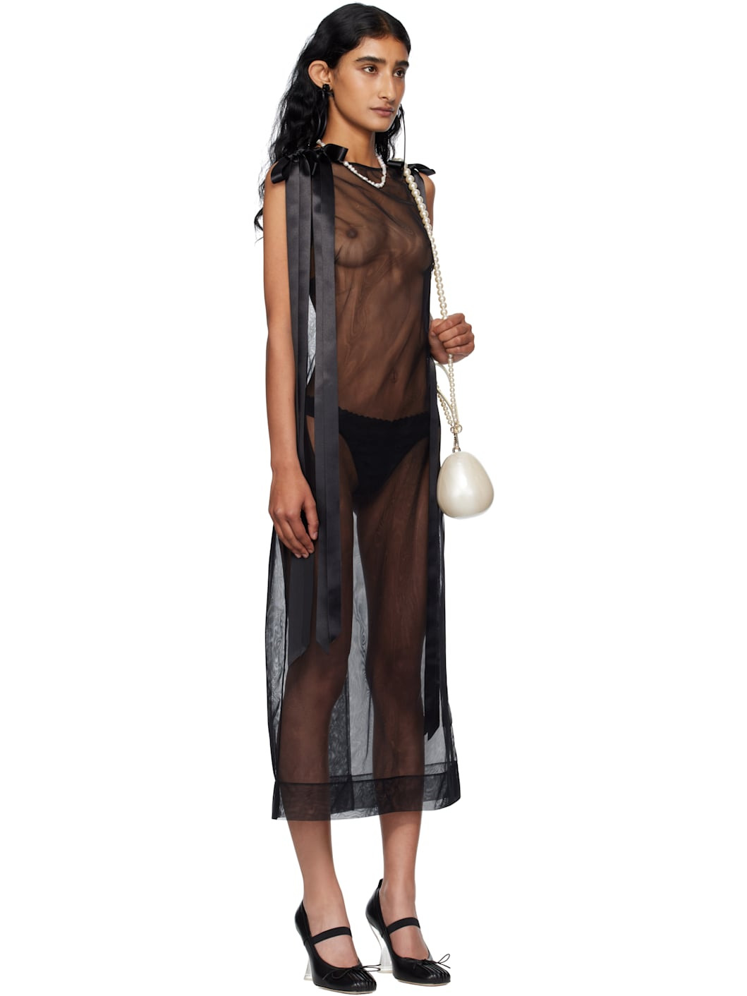 Black Sheer Bow Ribbon Tail Midi Dress - 2