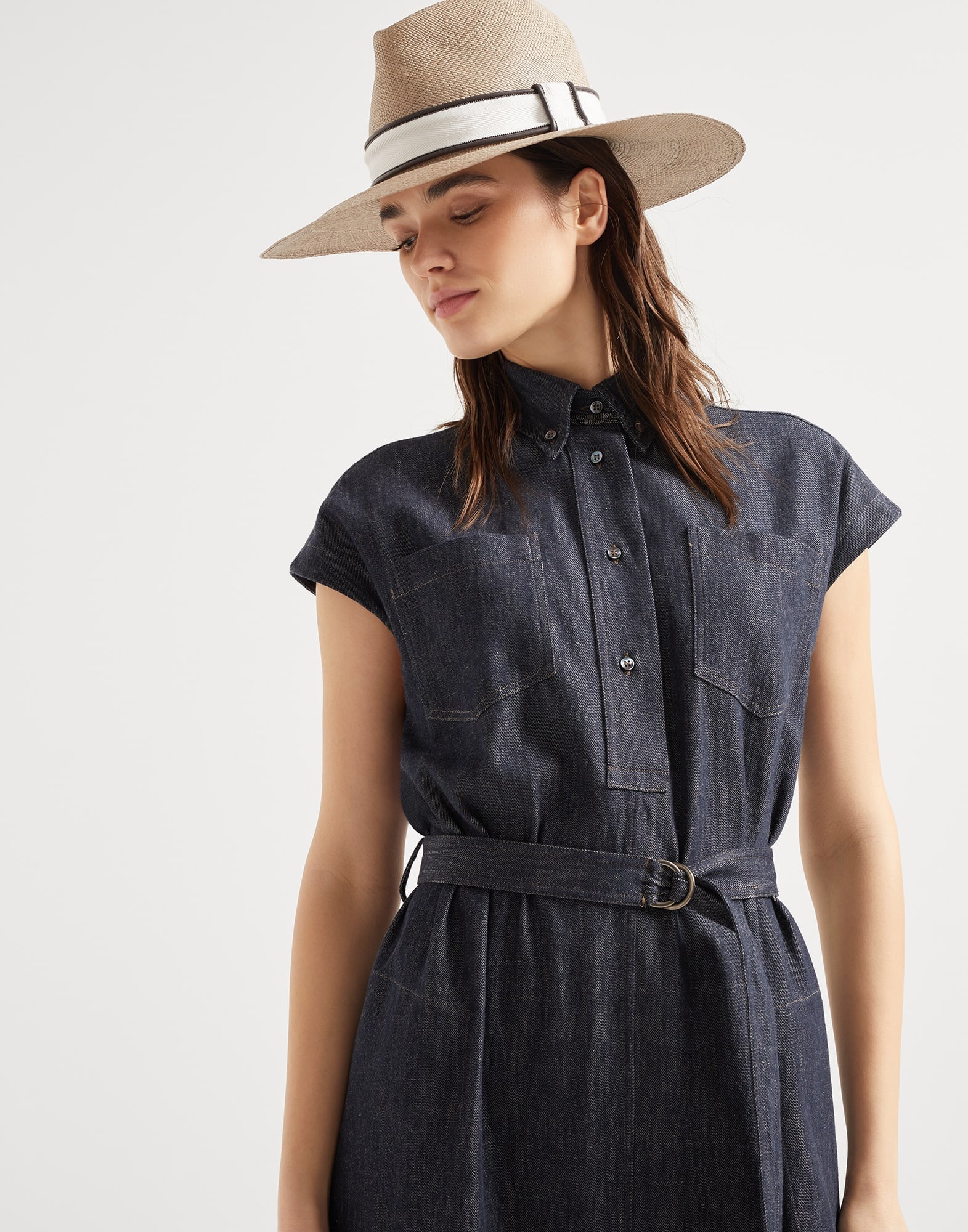 Denim-effect twill belted shirt dress with precious collar detail - 4