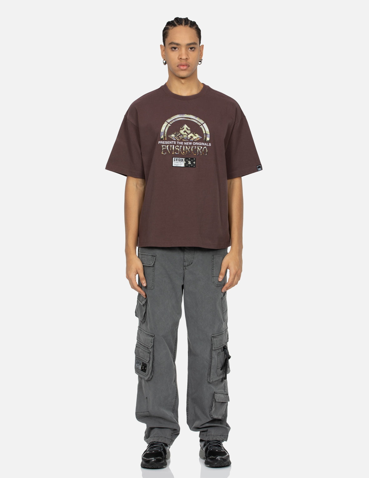 Rock-textured Print and Logo Embroidery Loose Fit T-shirt - 5