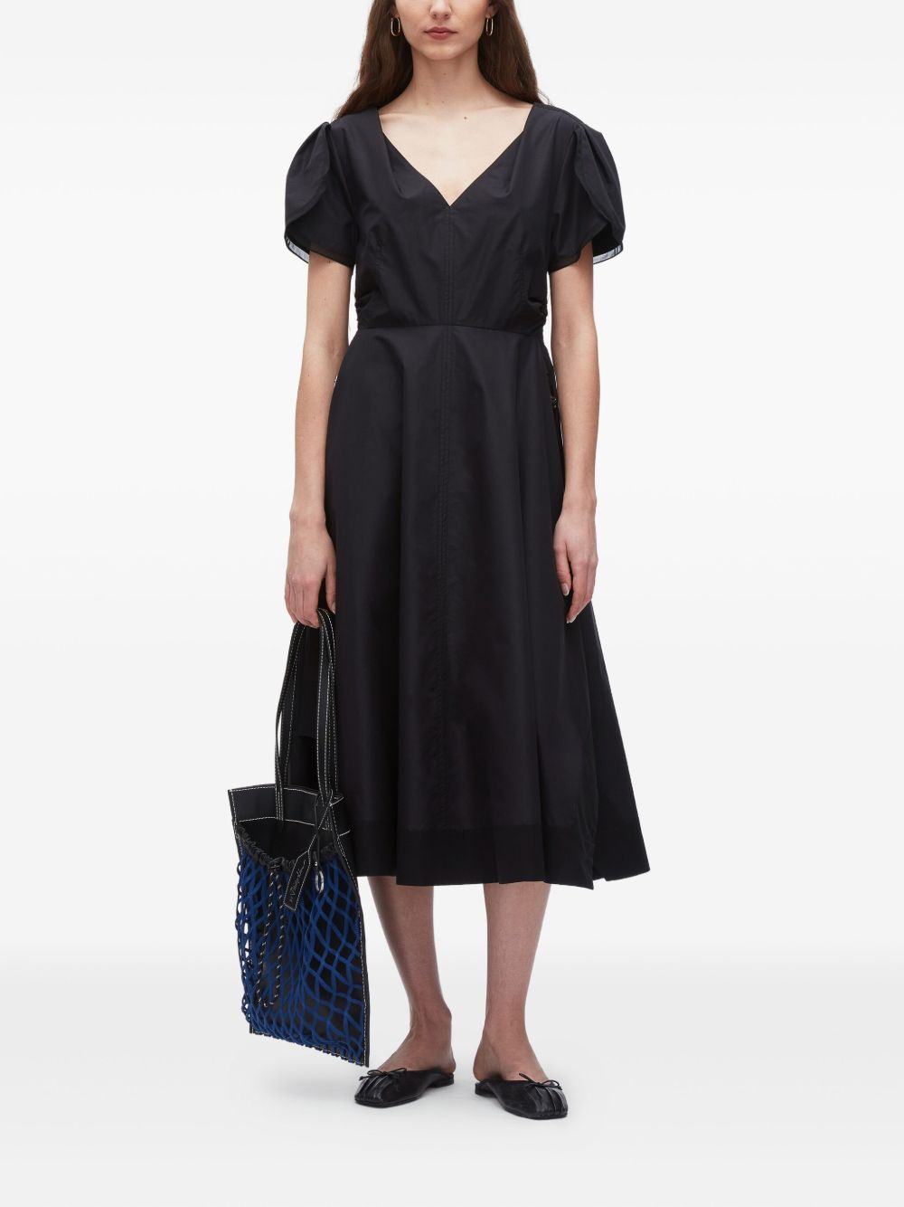 puff-sleeve V-neck midi dress - 2