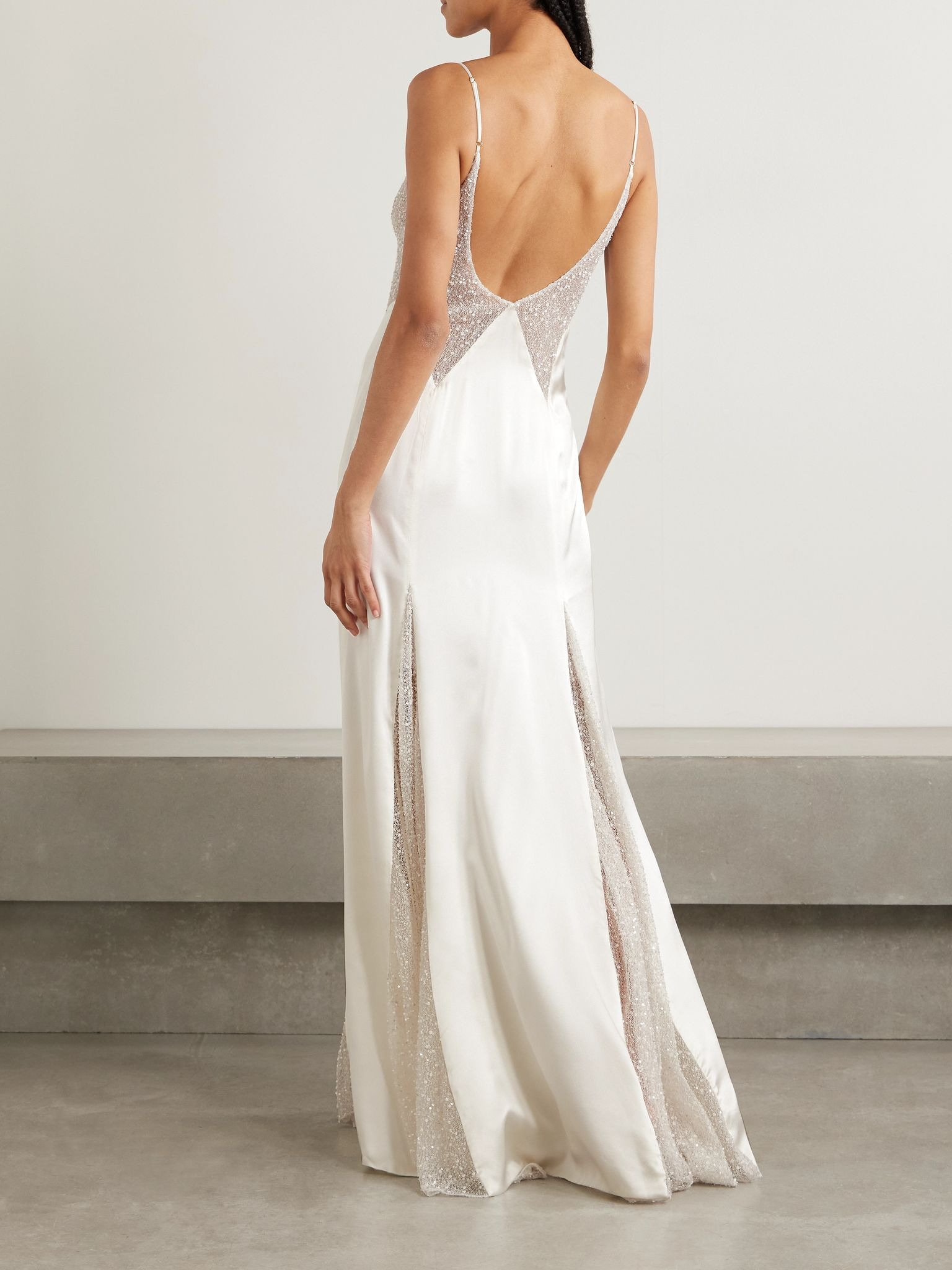 Ange paneled embellished Leavers lace and satin gown Ivory - 4