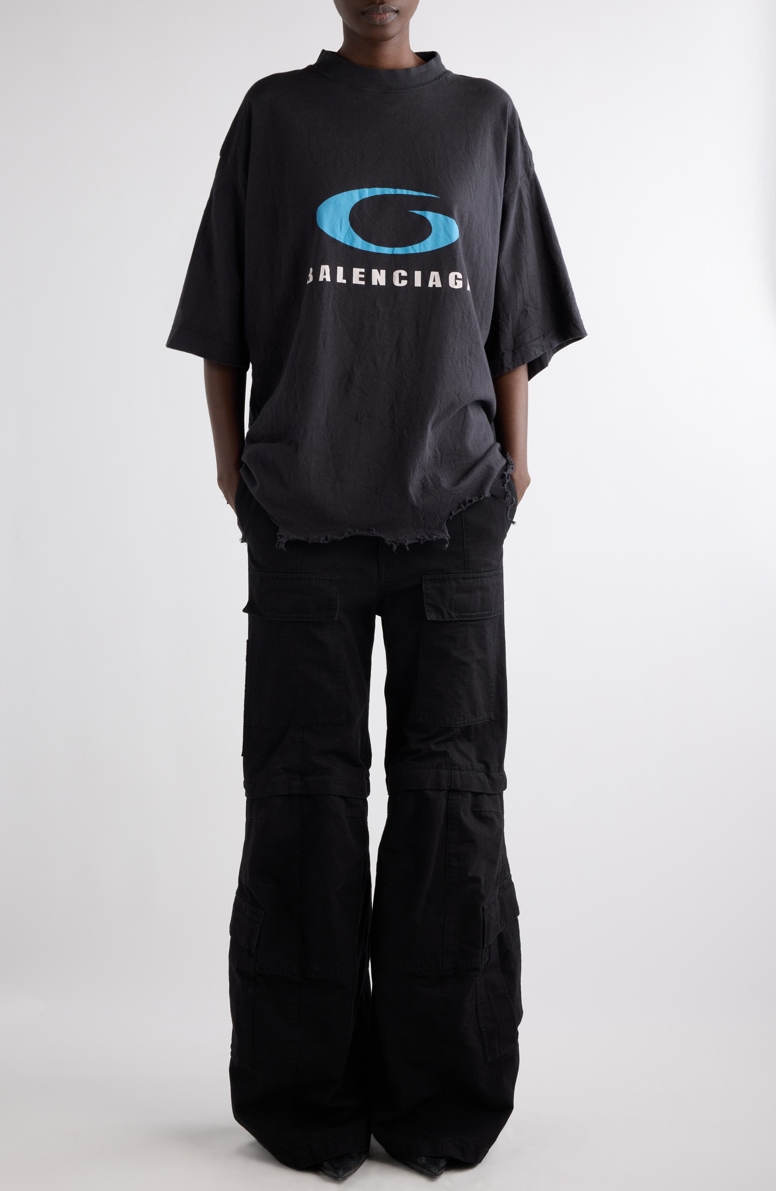 Balenciaga Logo Oversize Distressed Cotton Graphic T-Shirt in Washed Black/Blue at Nordstrom - 2