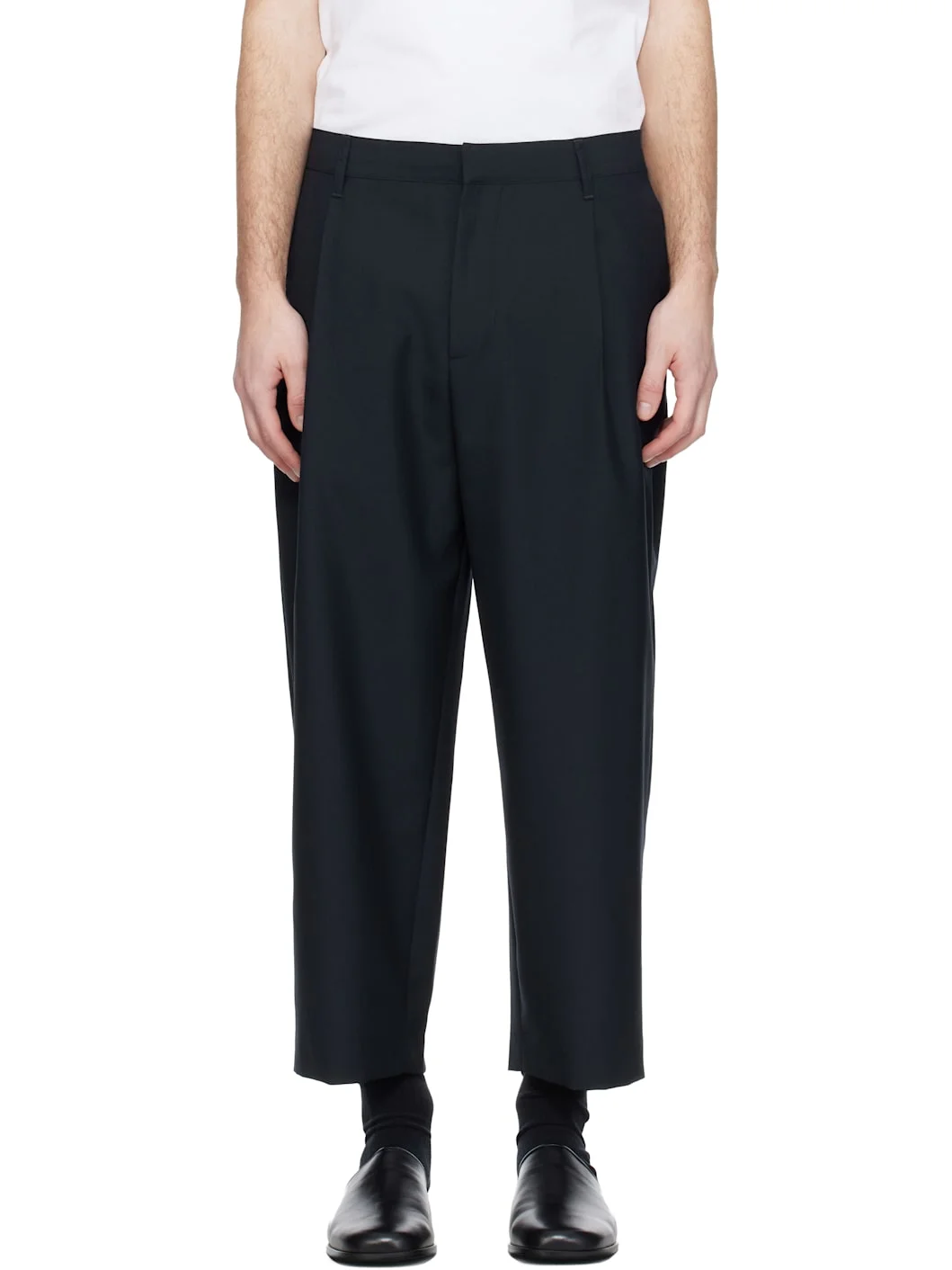 Navy Cropped Pleated Trousers - 1
