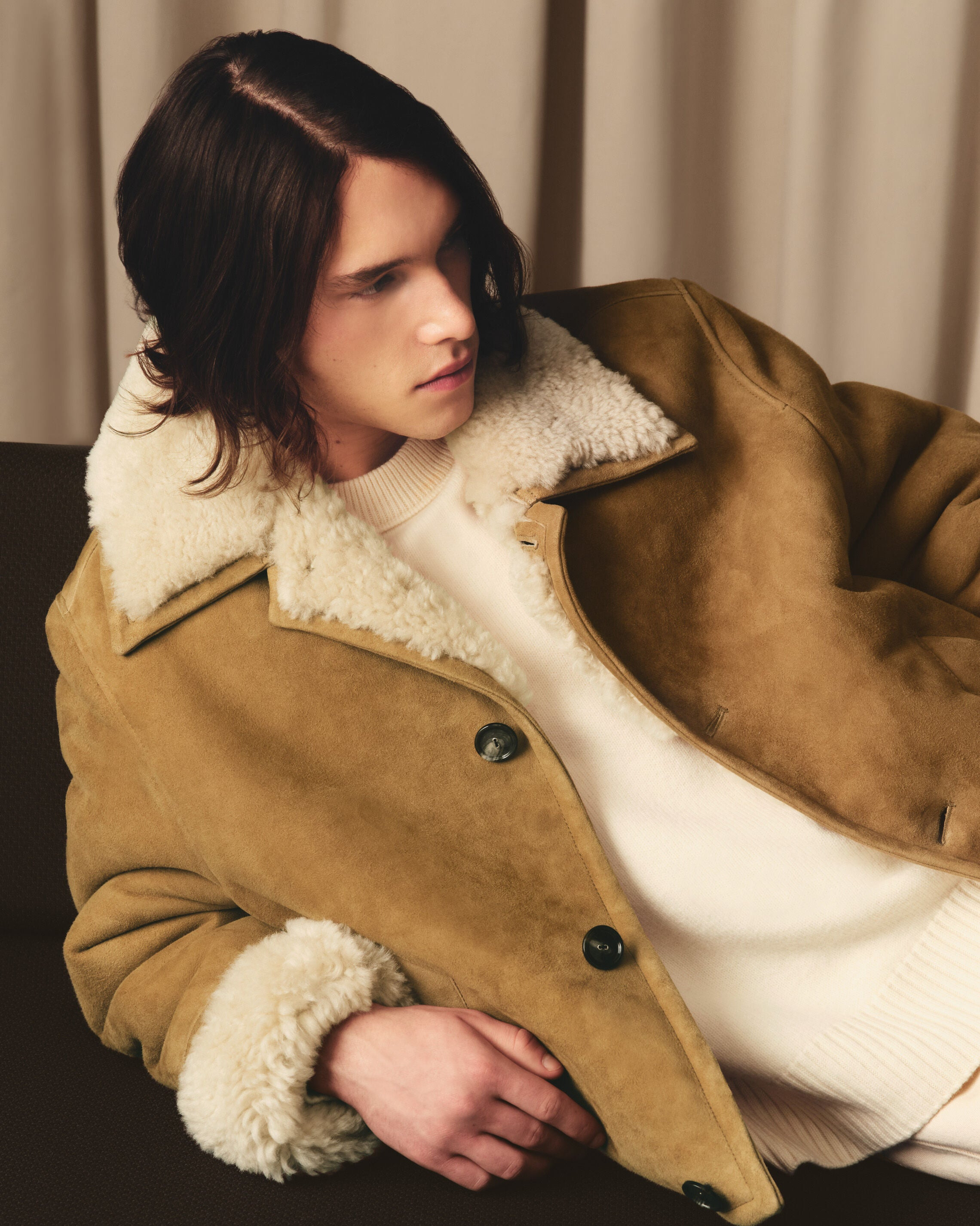 BROWN SHEARLING BUTTONNED JACKET - 7