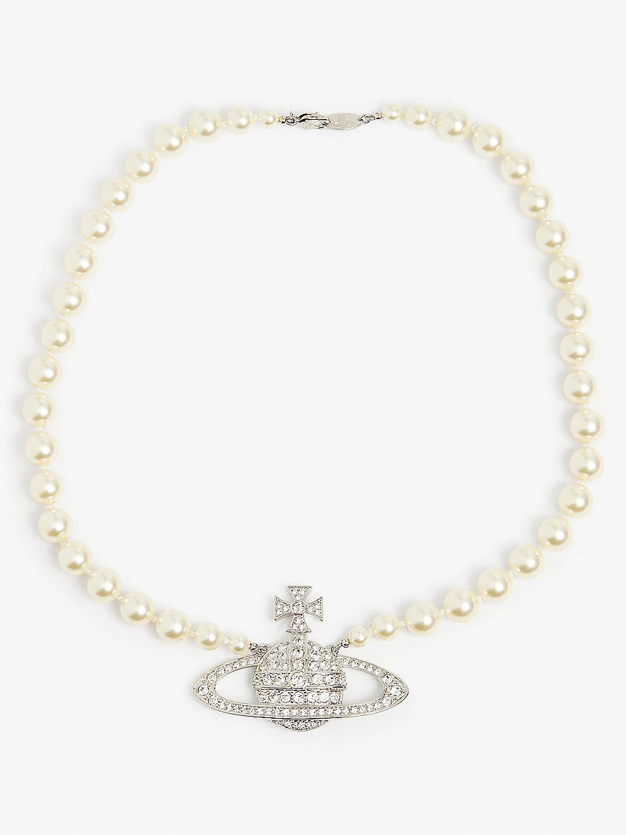Bas Relief orb-pendant brass, Swarovski crystals and pearl necklace - 1