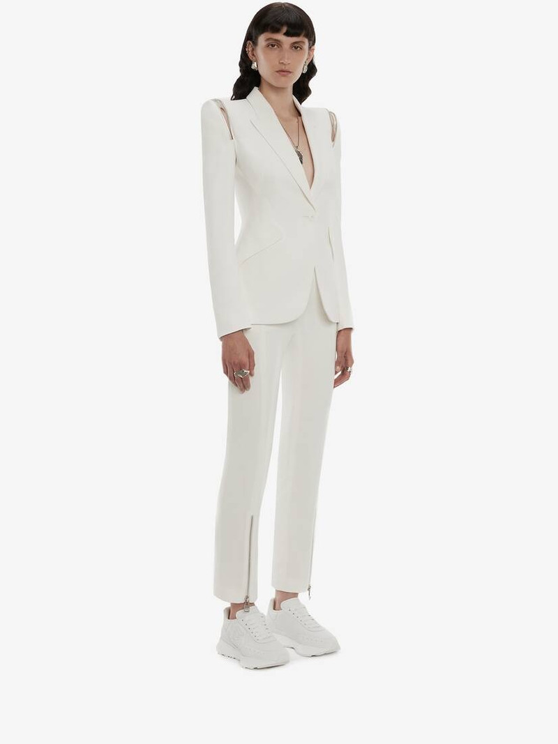 Zip Peak Shoulder Leaf Crepe Jacket in Ivory 3