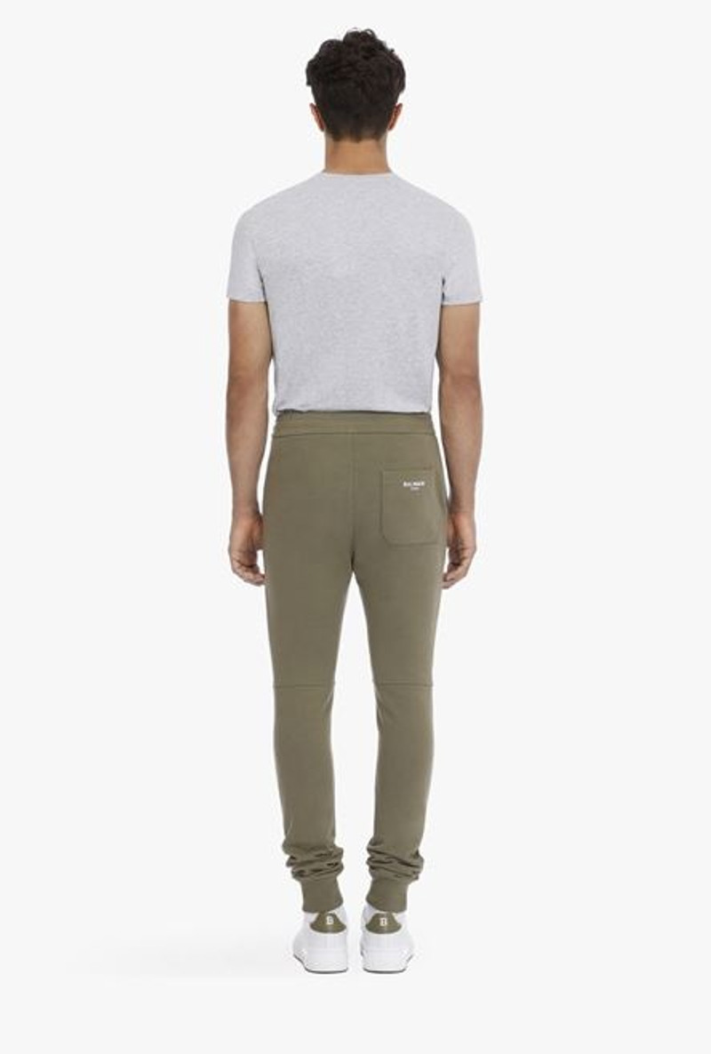 Olive green sustainable cotton sweatpants with white Balmain Paris logo 3