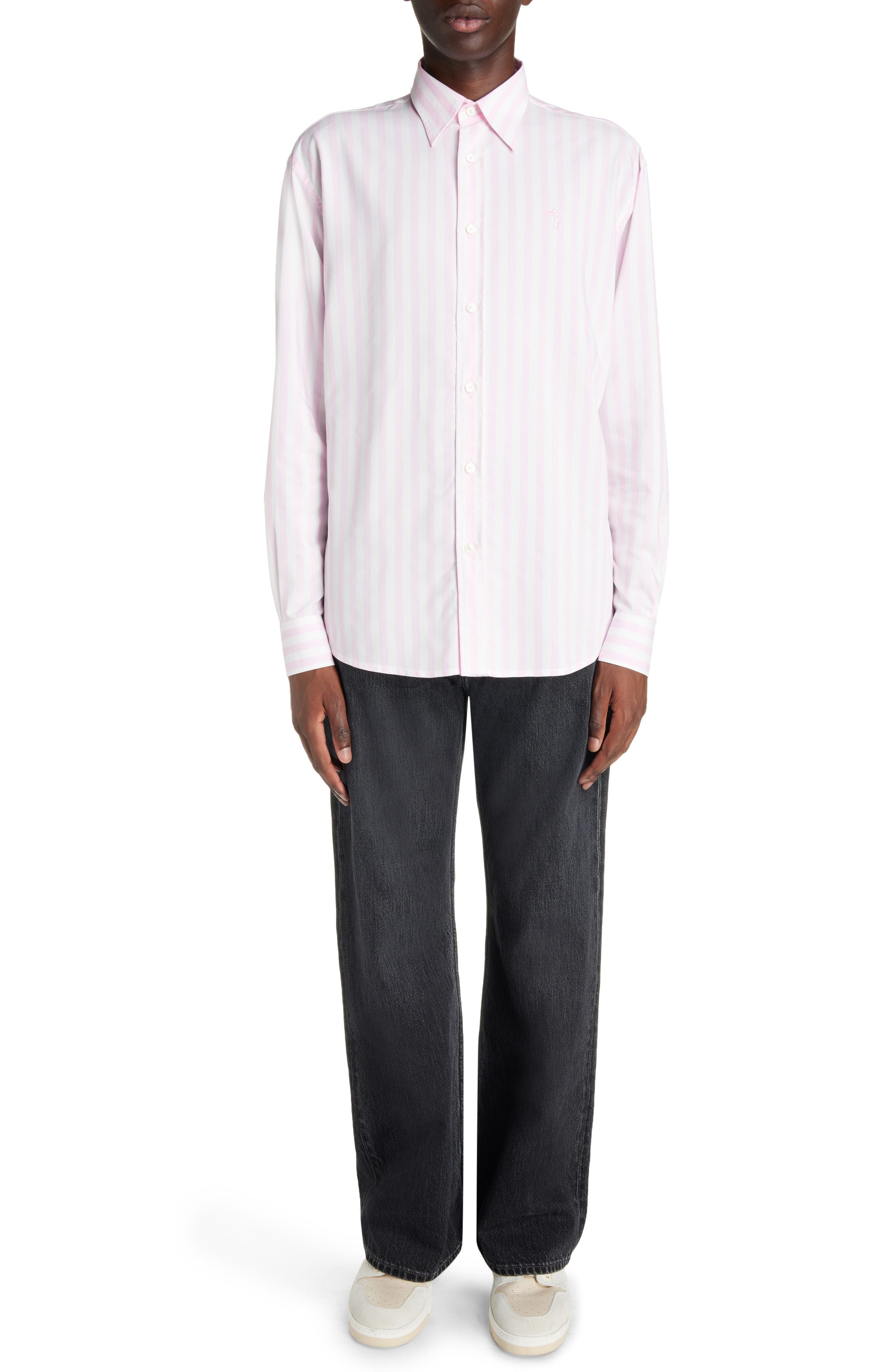 Acne Studios Embroidered Logo Stripe Button-Up Shirt in Pink/White at Nordstrom - 2
